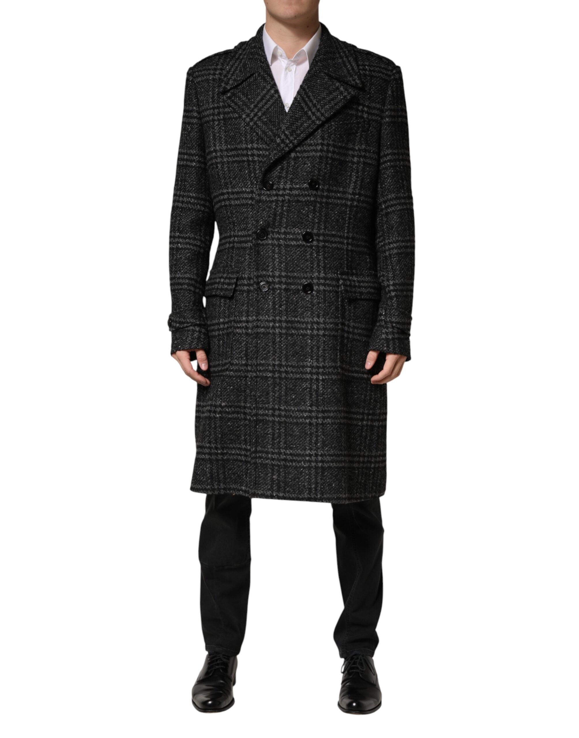 Dolce & Gabbana Grey Double Breasted Plaid Wool Coat Jacket