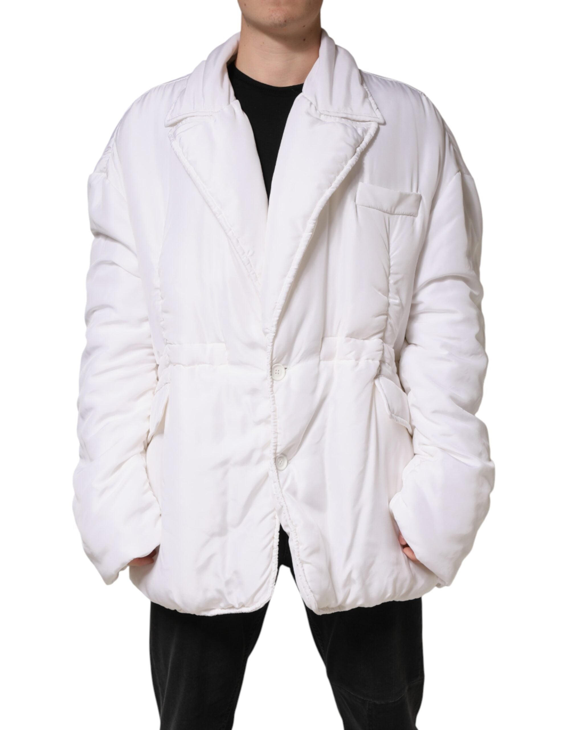 Dolce & Gabbana White Silk Padded Parka Men Coat Jacket