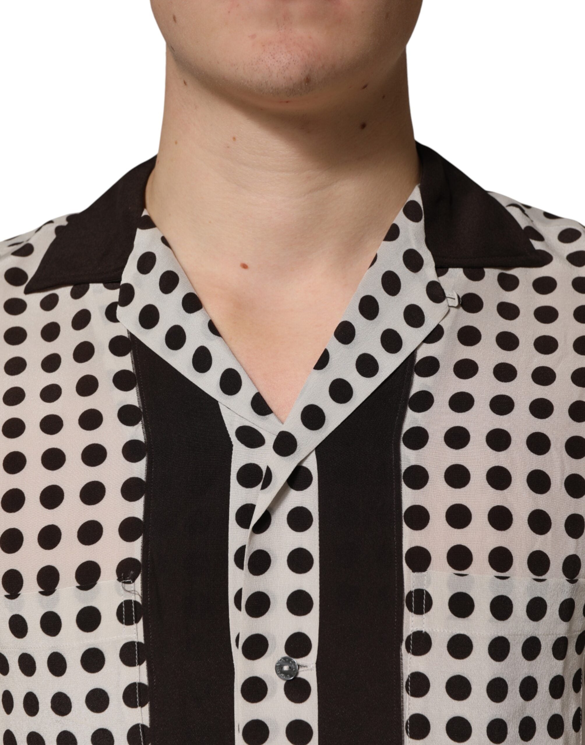 Dolce & Gabbana White Black Polka Dot Silk Men Casual Shirt