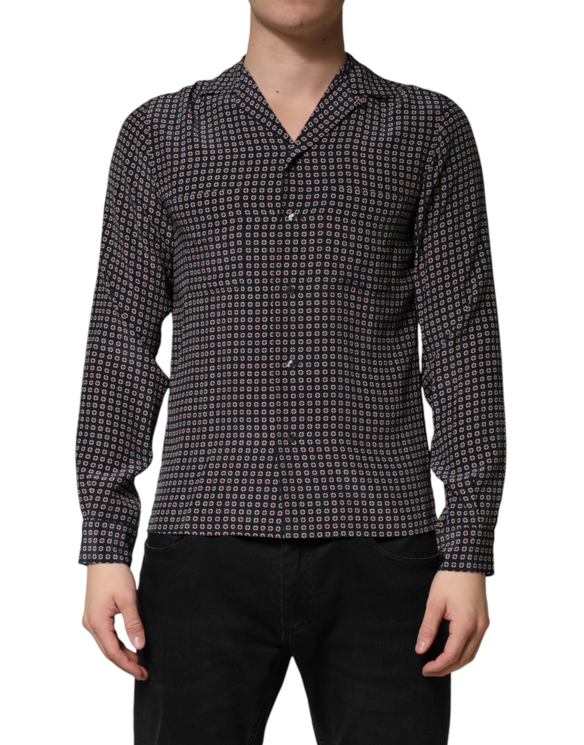 Dolce & Gabbana Black Patterned Silk Men Button Down Shirt