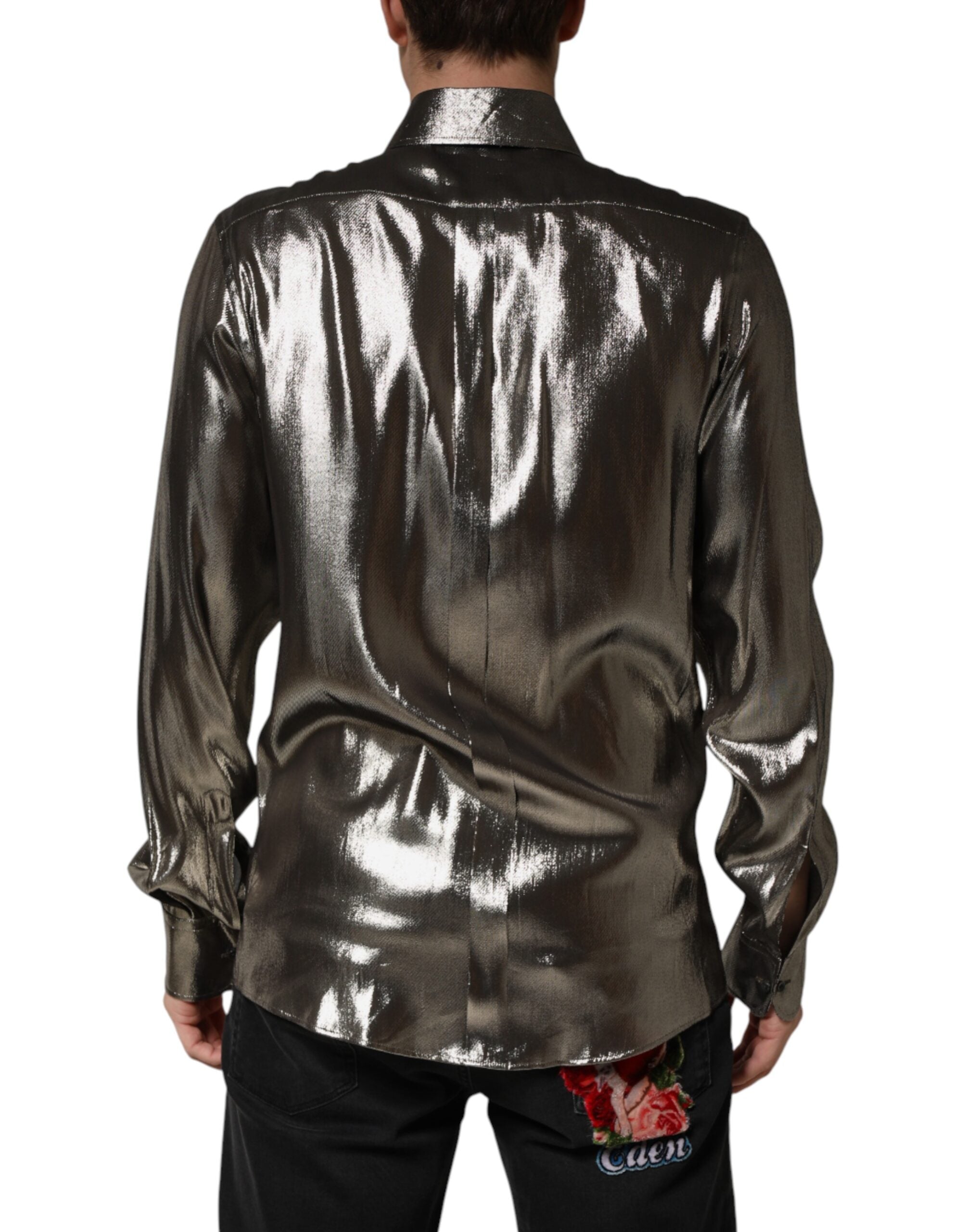 Dolce & Gabbana Silver Silk GOLD Collared Dress Formal Shirt