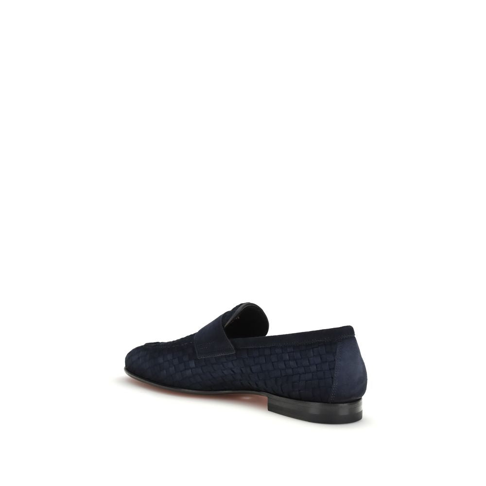 Santoni Blue Calf Leather Bos Taurus Slip-On Loafers