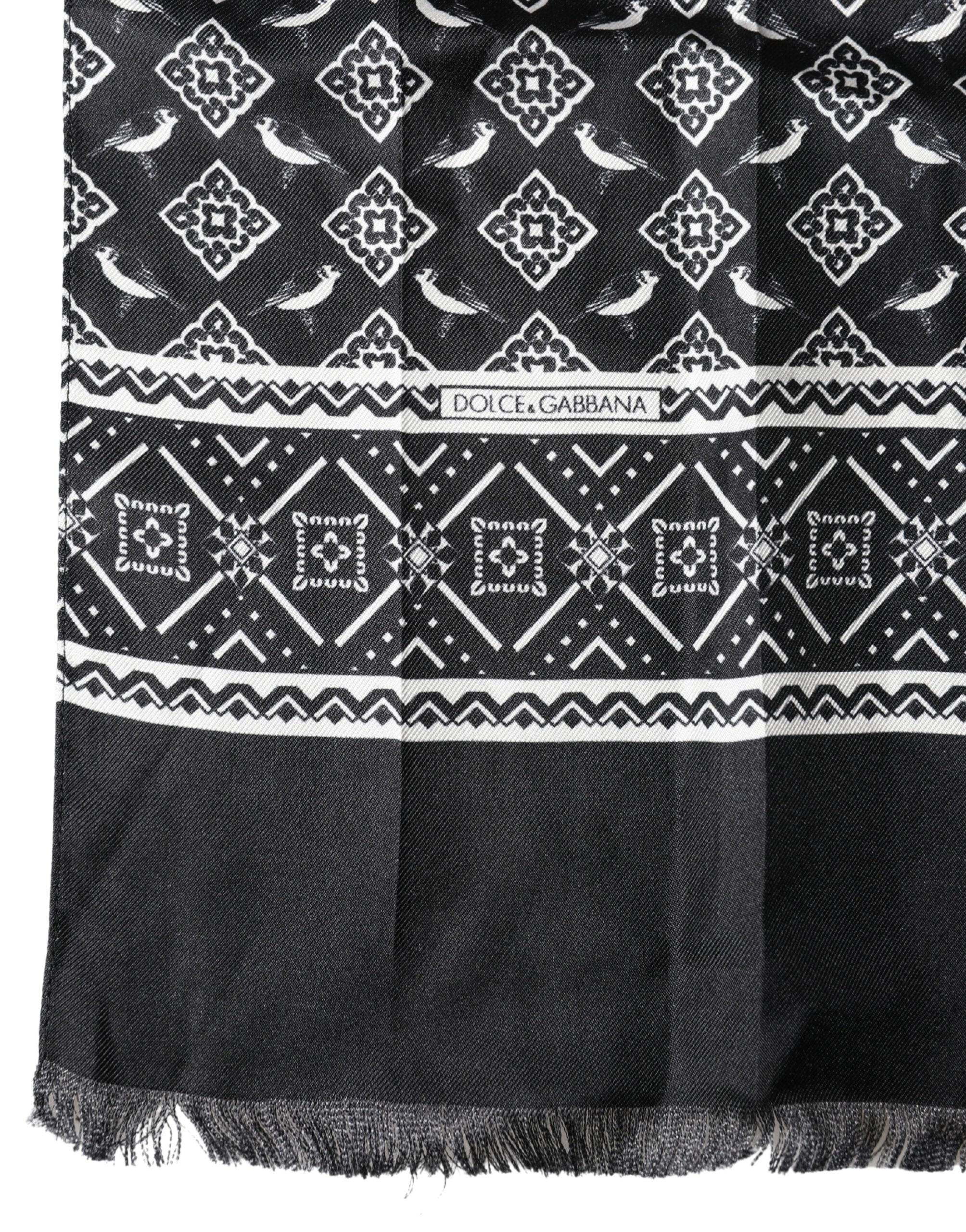 Dolce & Gabbana Black Gray Silk Bird Fringe Wrap Foulard 140cm X 23cm Scarf