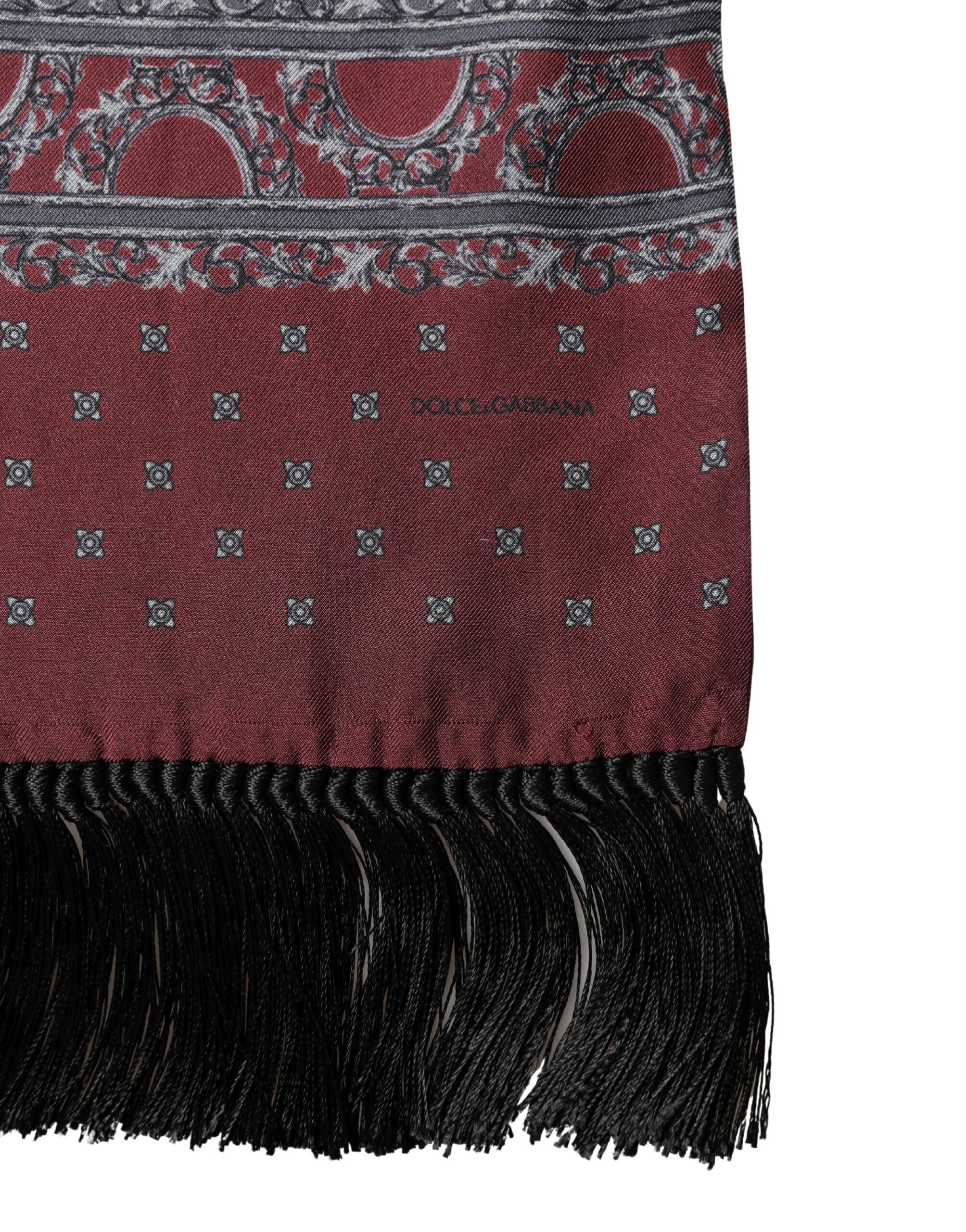 Dolce & Gabbana Burgundy Gray Patterned Fringe Foulard 141cm X 15.5cm Scarf