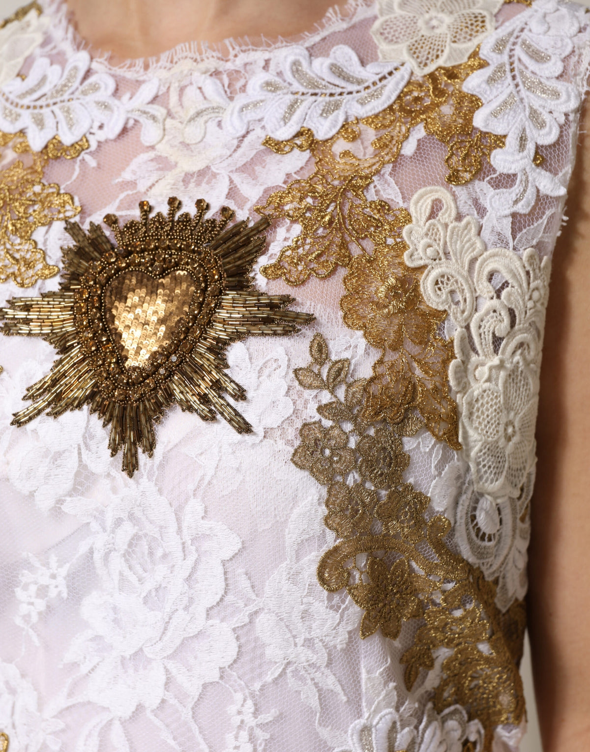 Dolce & Gabbana Ivory Lace Silk Embellished Sleeveless Dress