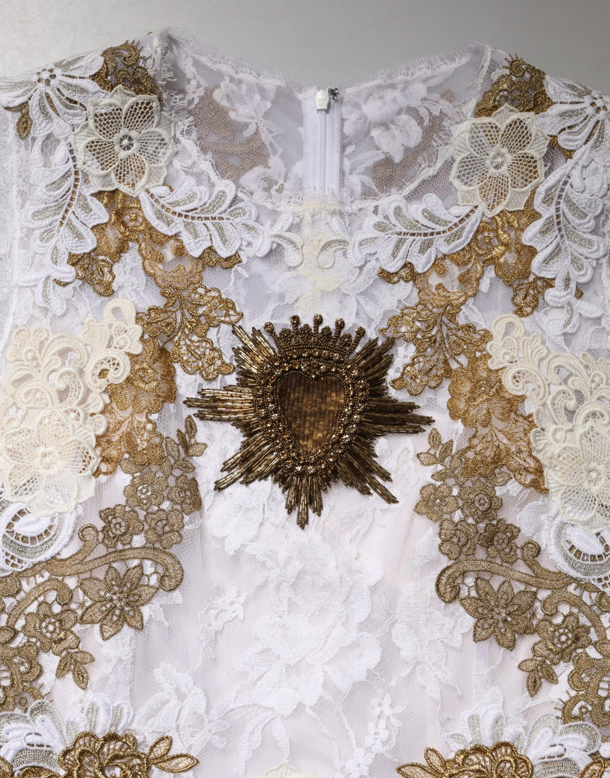 Dolce & Gabbana Ivory Lace Silk Embellished Sleeveless Dress
