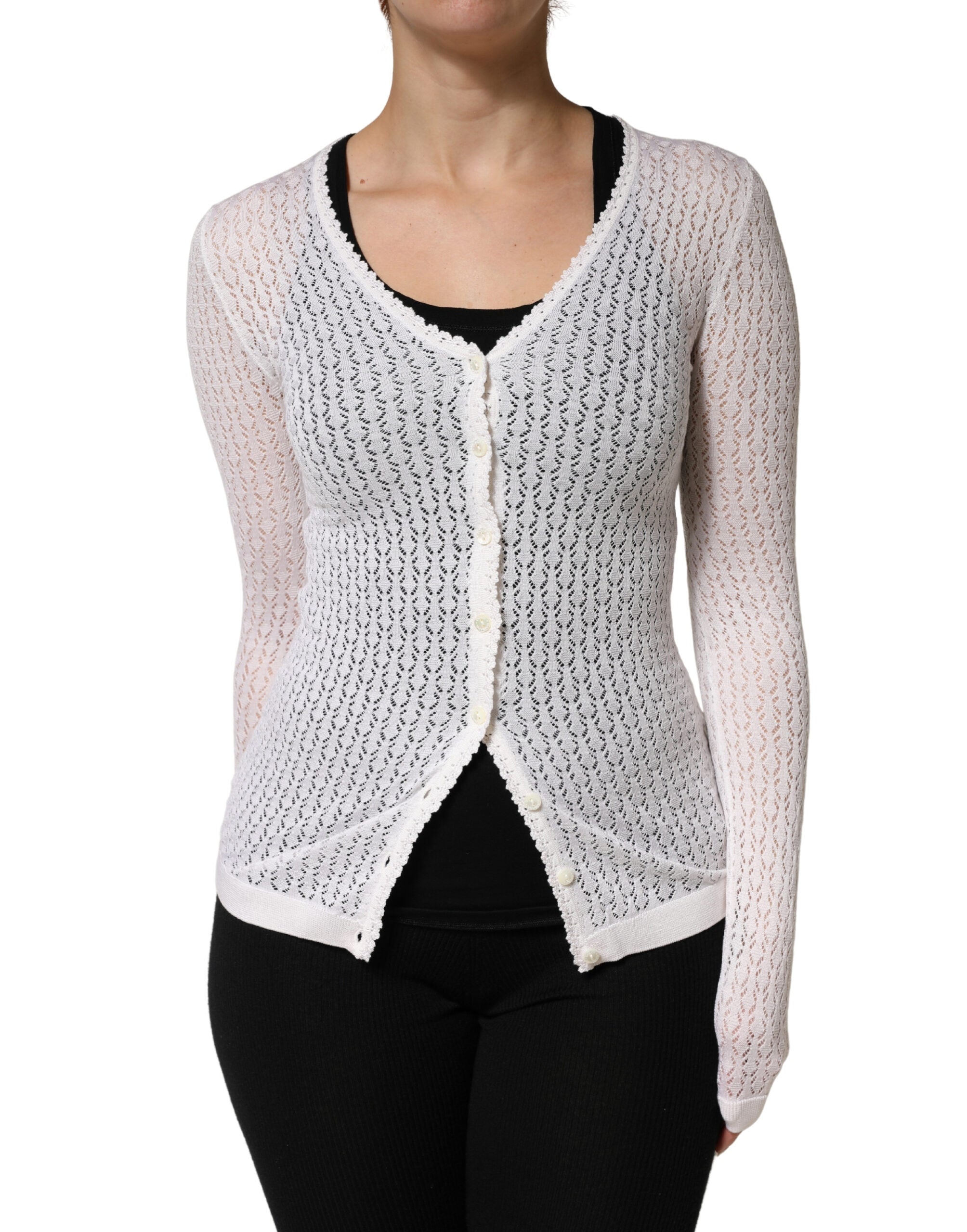 Dolce & Gabbana White Lace Silk Knit Long Sleeves Cardigan Top