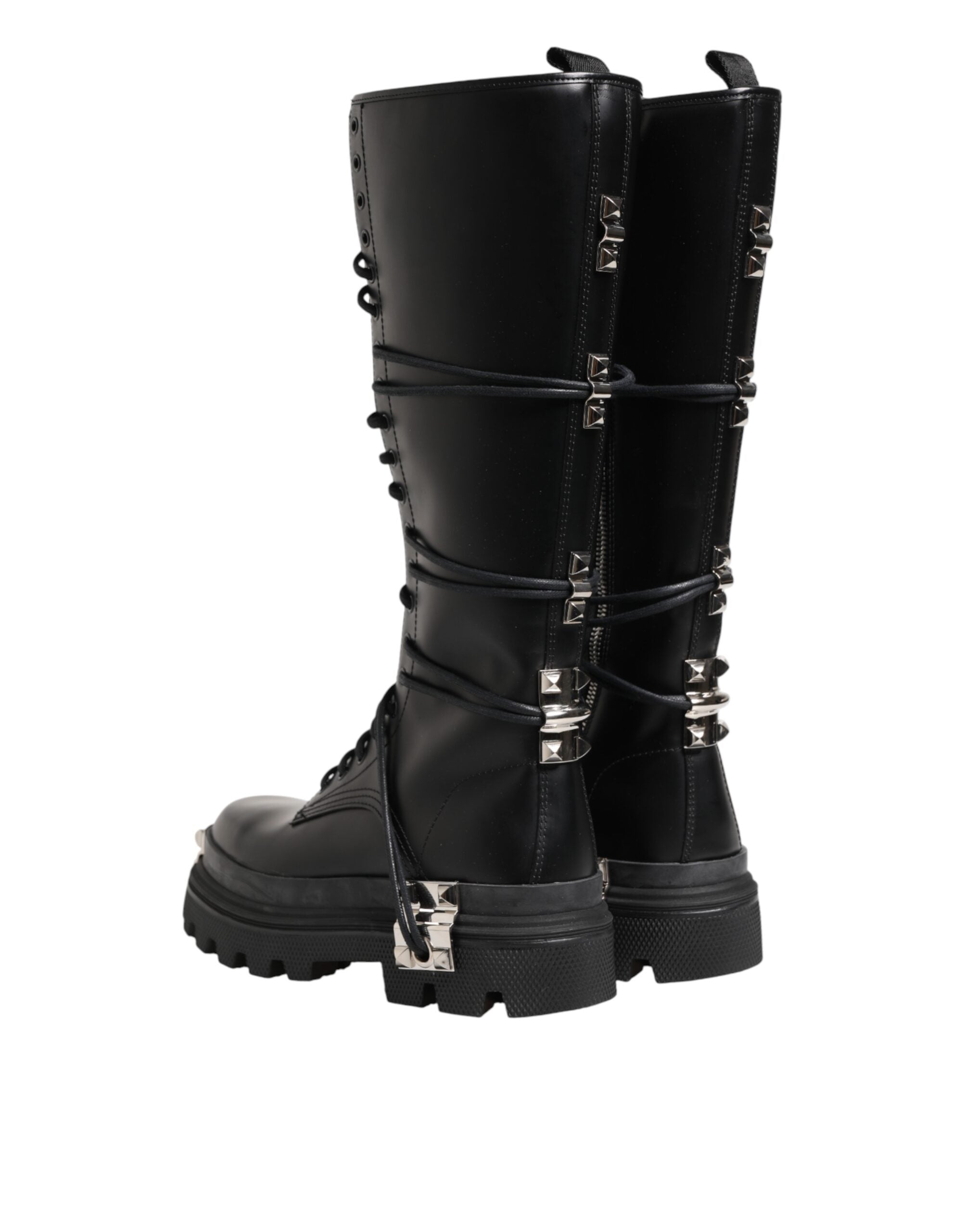 Dolce & Gabbana Black Leather Knee High Combat Boots Shoes