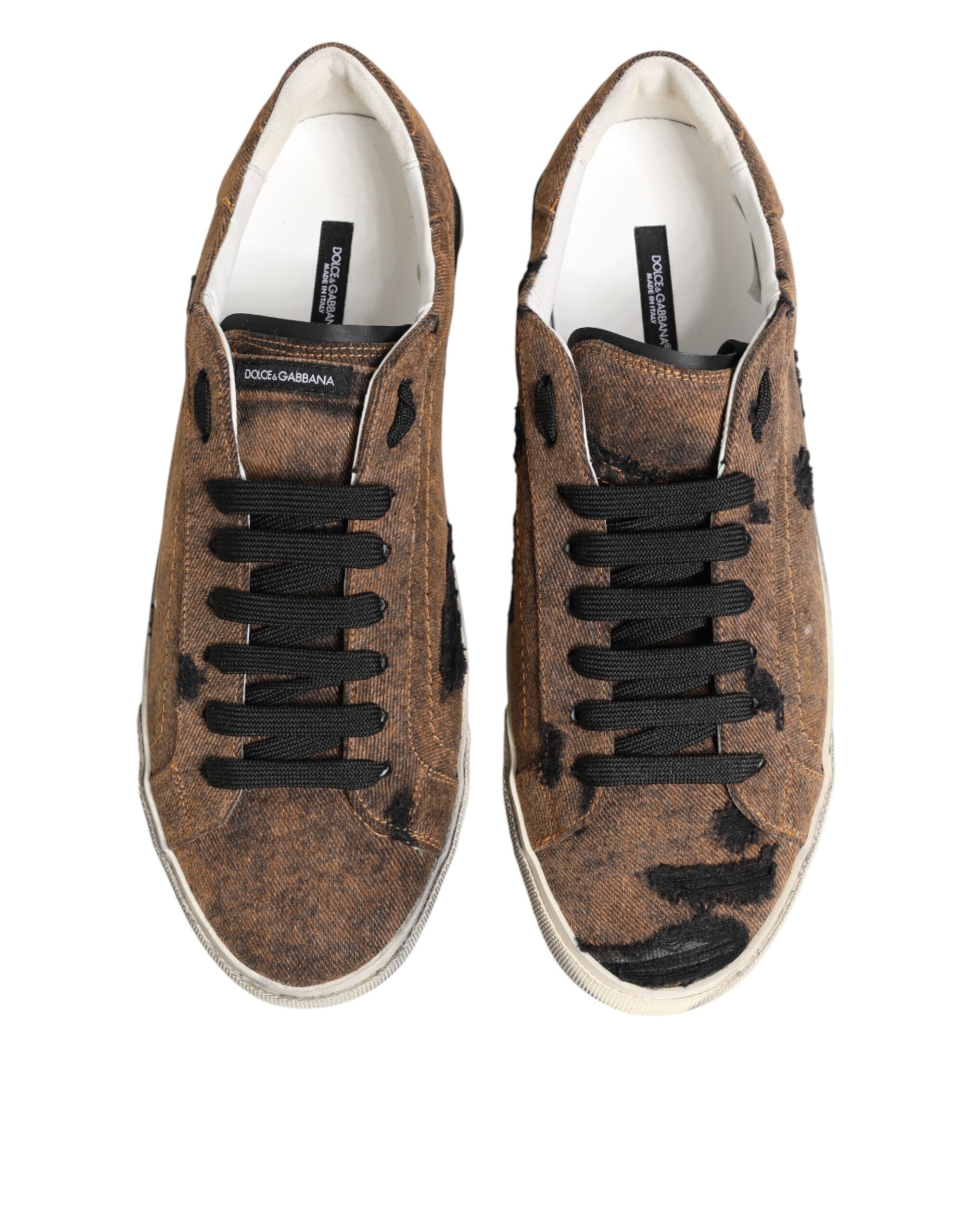 Dolce & Gabbana Brown Black Patch Denim Low Top Sneakers Shoes