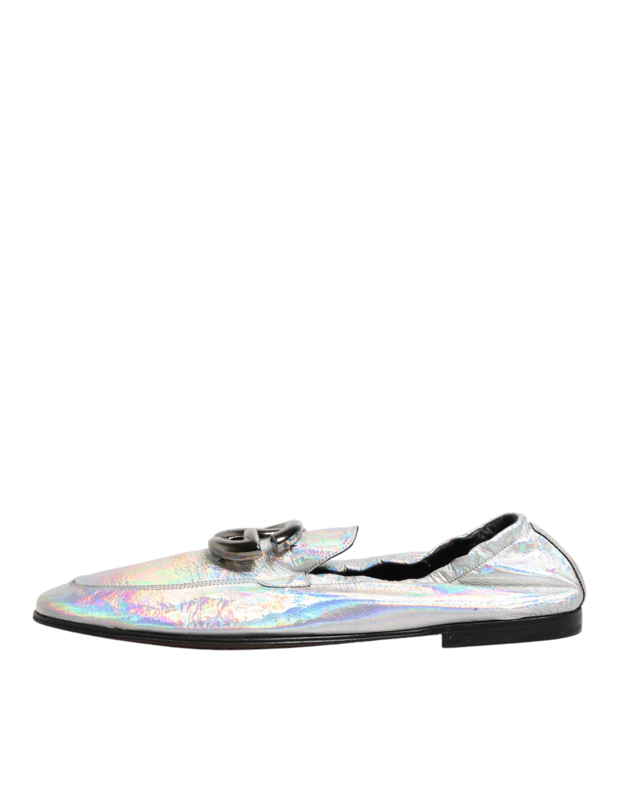 Dolce & Gabbana Silver DG Logo Holographic Leather Loafers Shoes