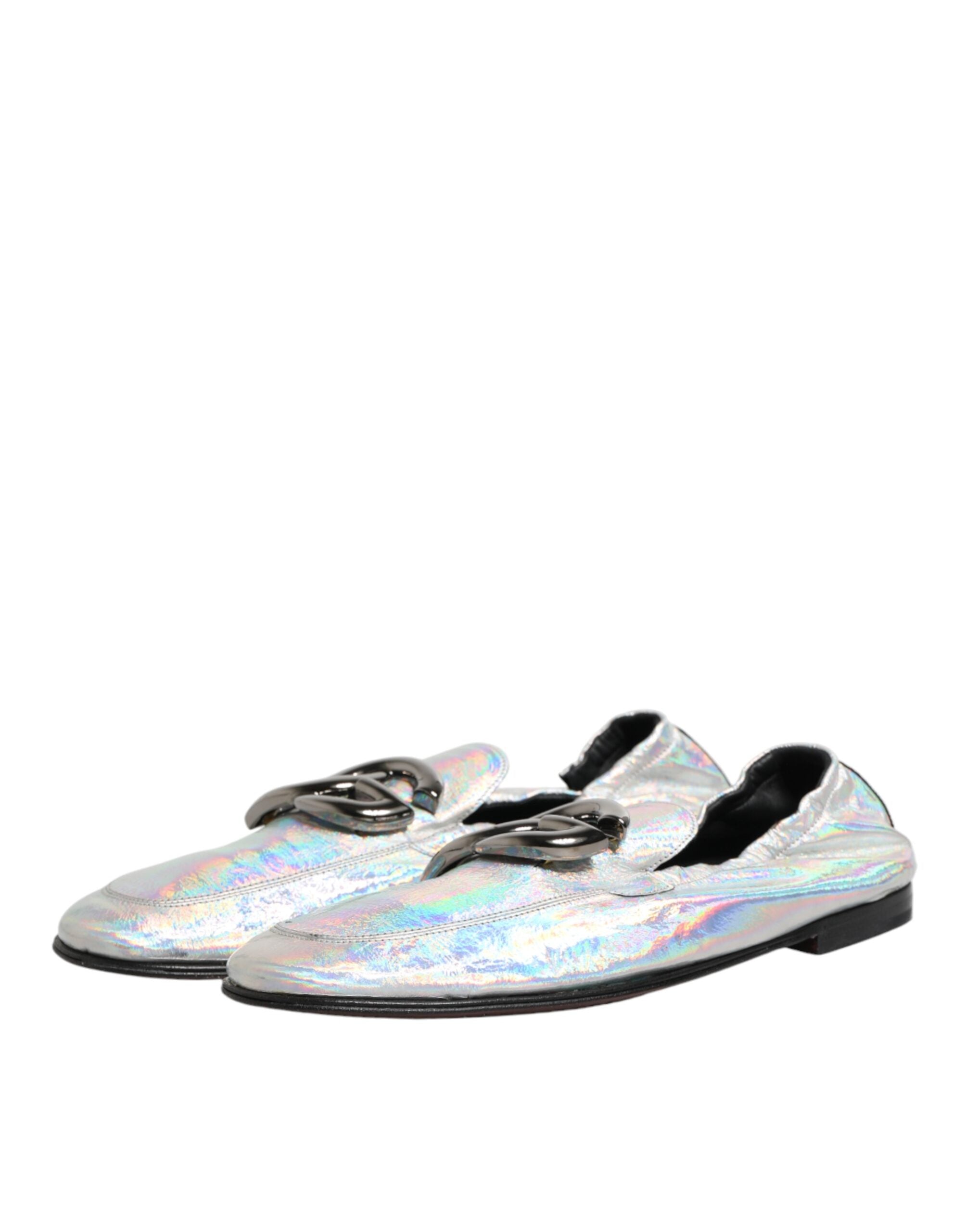 Dolce & Gabbana Silver DG Logo Holographic Leather Loafers Shoes