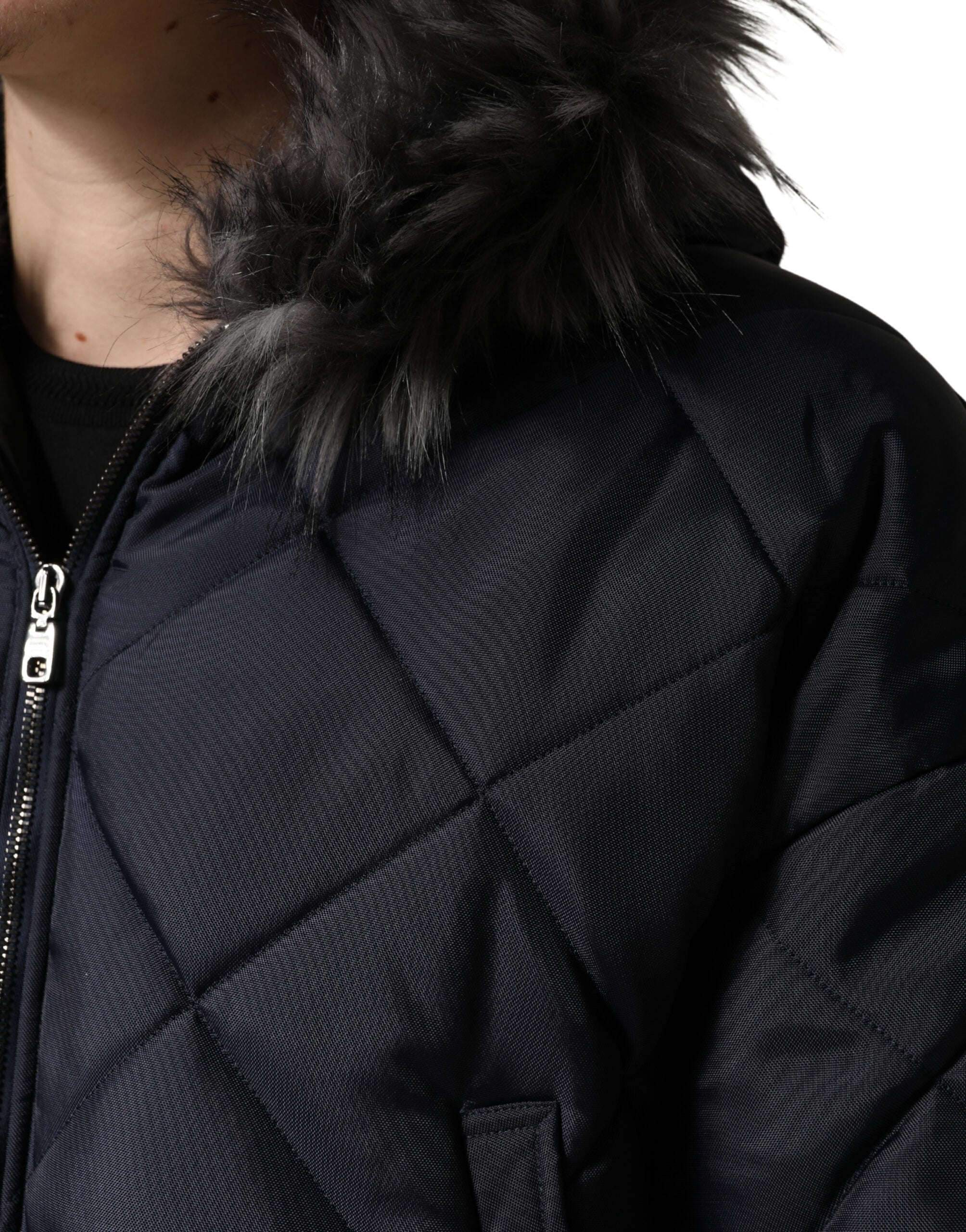 Dolce & Gabbana Black Quilted Fur Shearling Hooded Jacket
