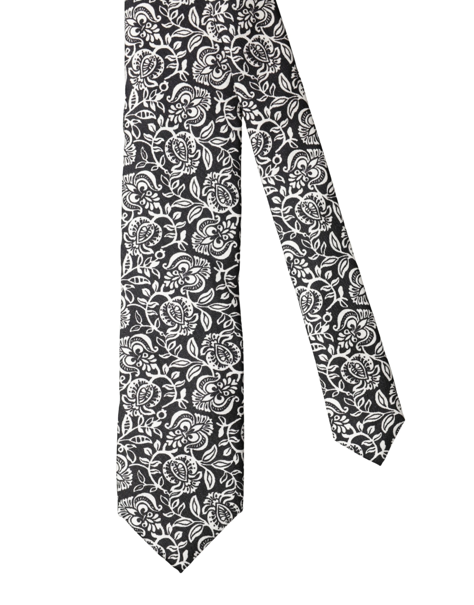 Dolce & Gabbana Black White Floral Fantasy Silk Adjustable Necktie Tie