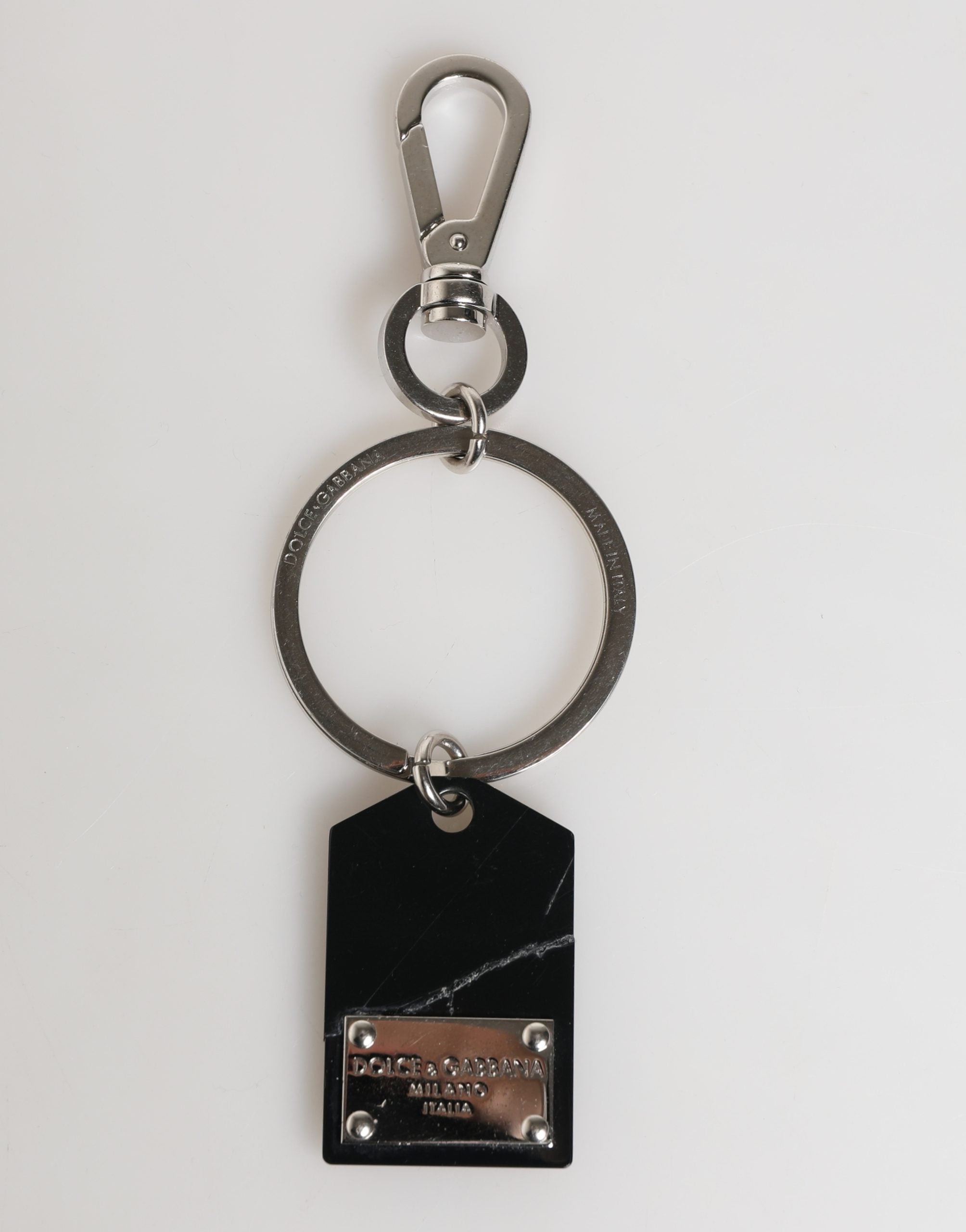 Dolce & Gabbana Black Silver Brass LogoPlaque Metal Ring Keyring Keychain
