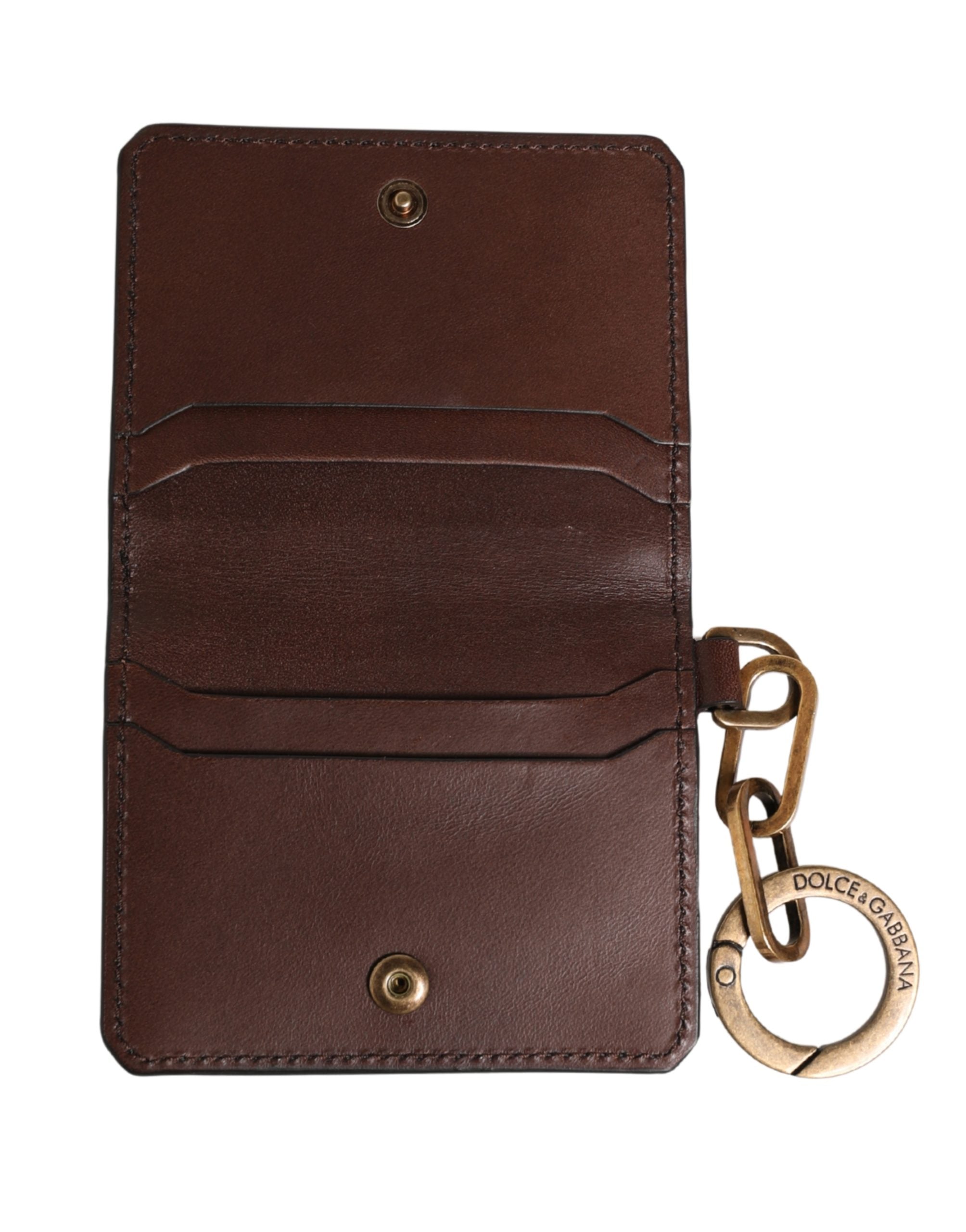 Dolce & Gabbana Brown Leather Logo Embossed Key Chain Card Holder Wallet