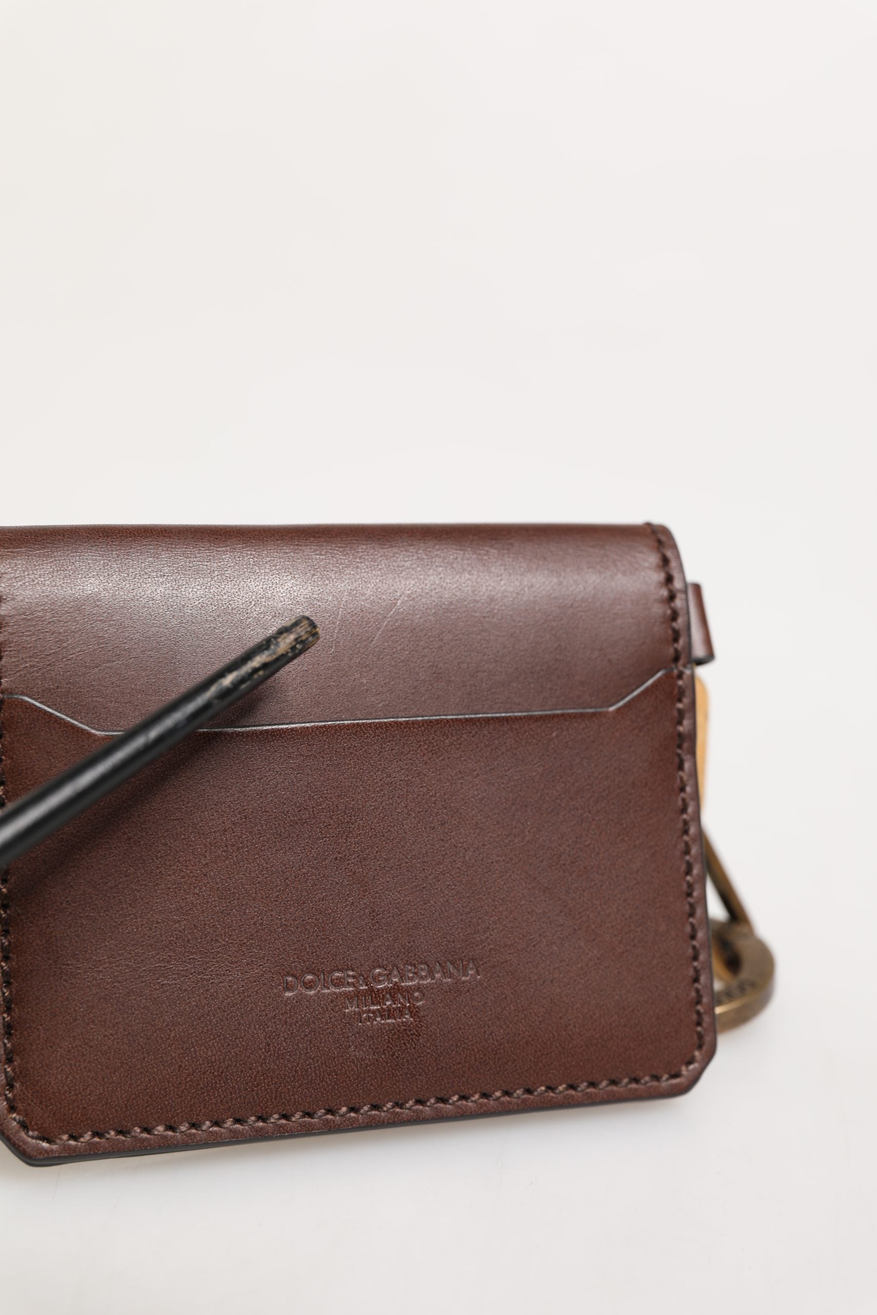 Dolce & Gabbana Brown Leather Logo Embossed Key Chain Card Holder Wallet
