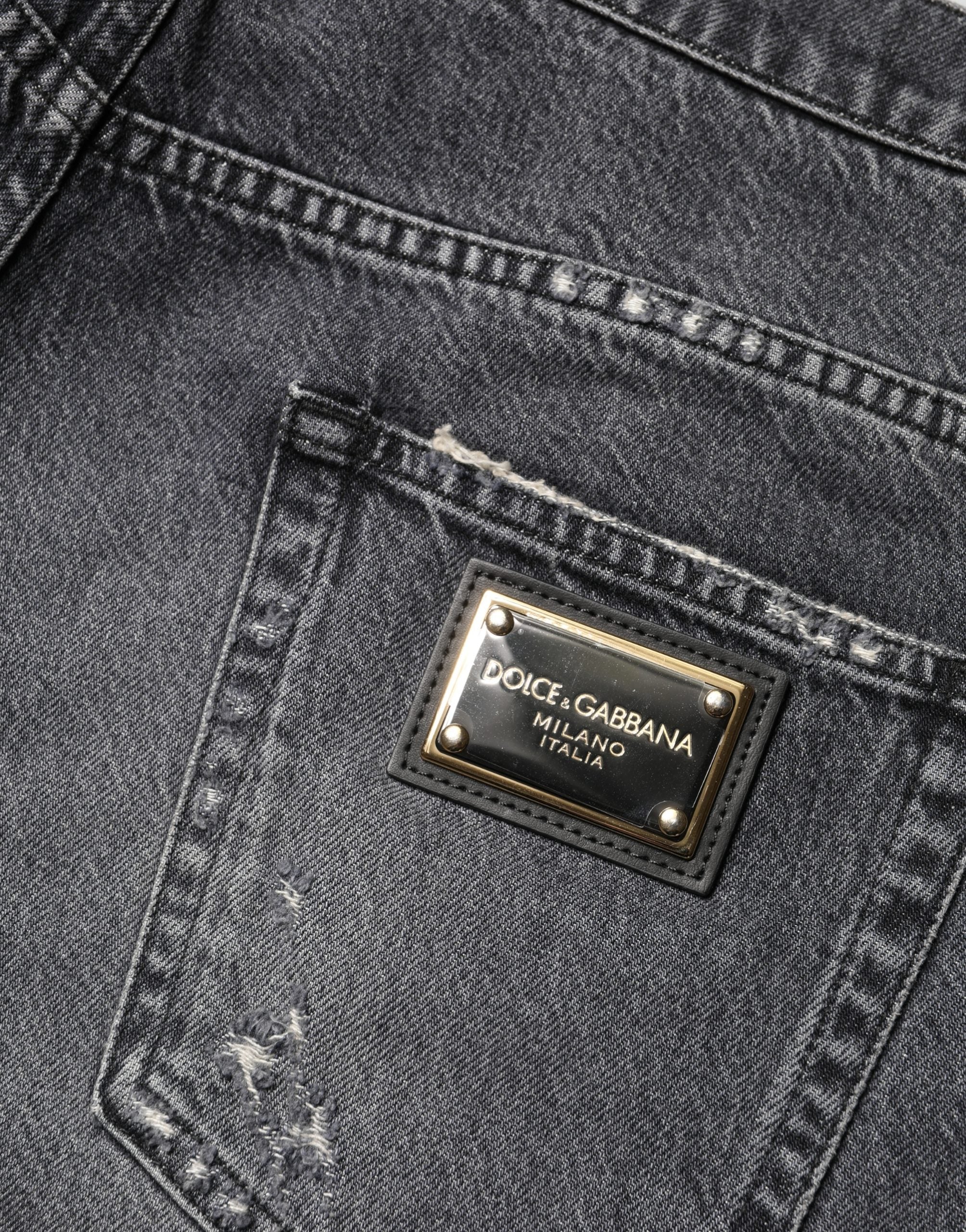 Dolce & Gabbana Dark Gray Tattered Cotton Loose Denim Jeans