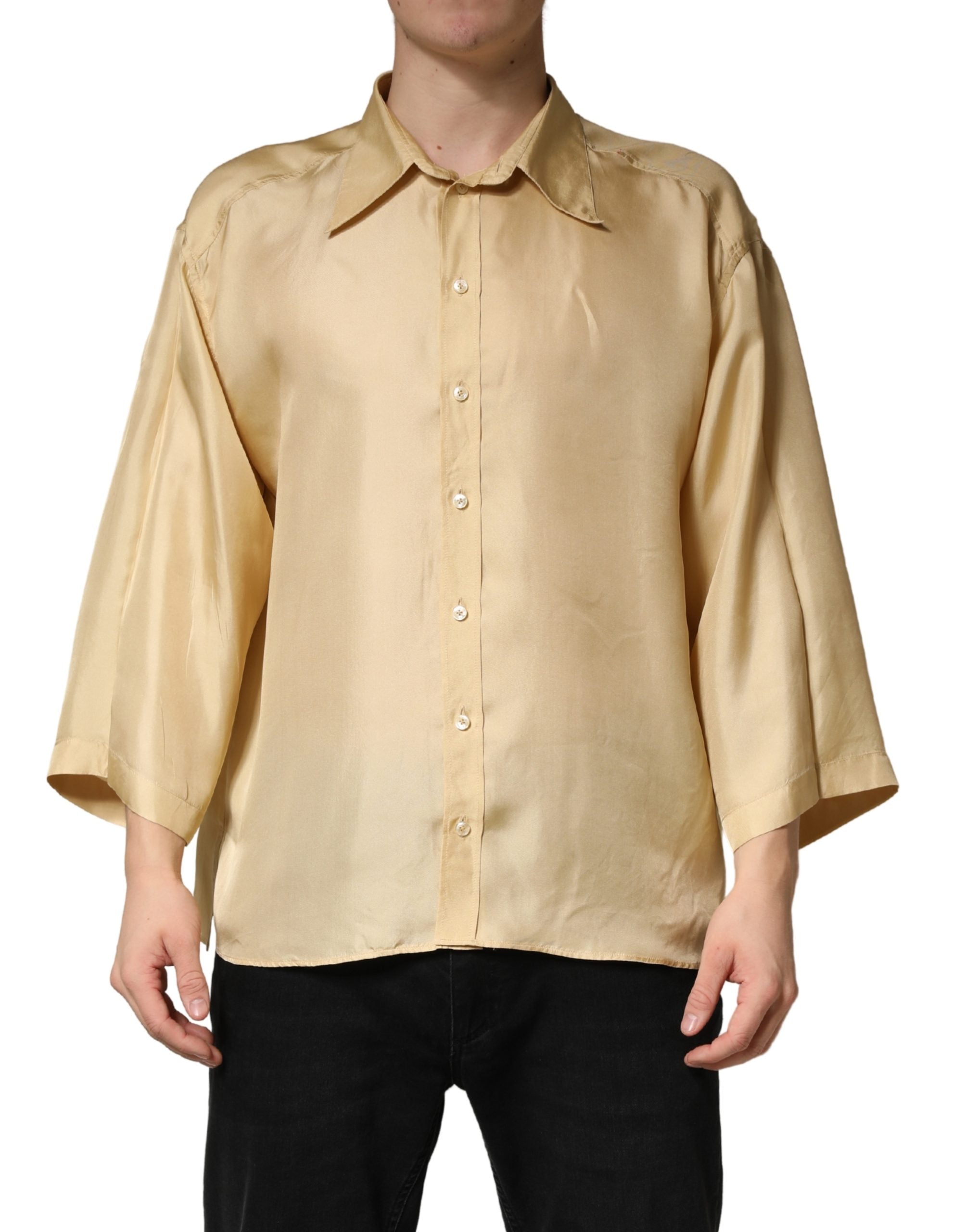 Dolce & Gabbana Yellow Silk Button Down Men Oversize Shirt