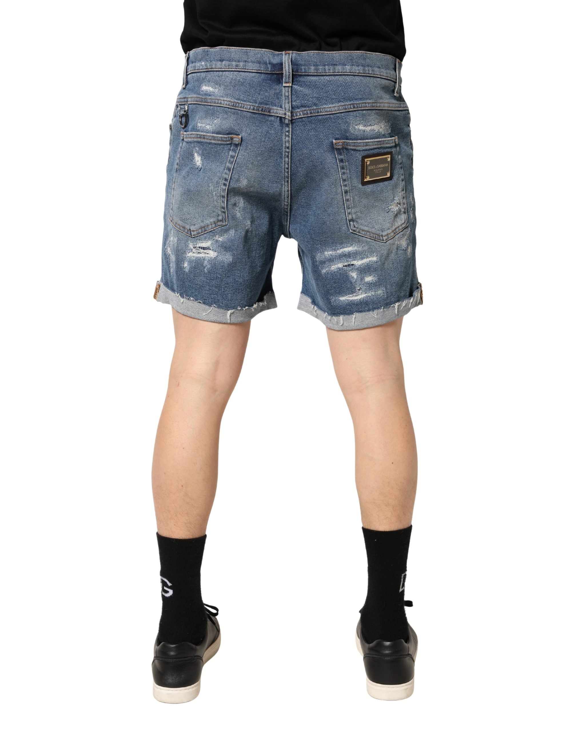 Dolce & Gabbana Blue Cotton Distressed Denim Bermuda Shorts