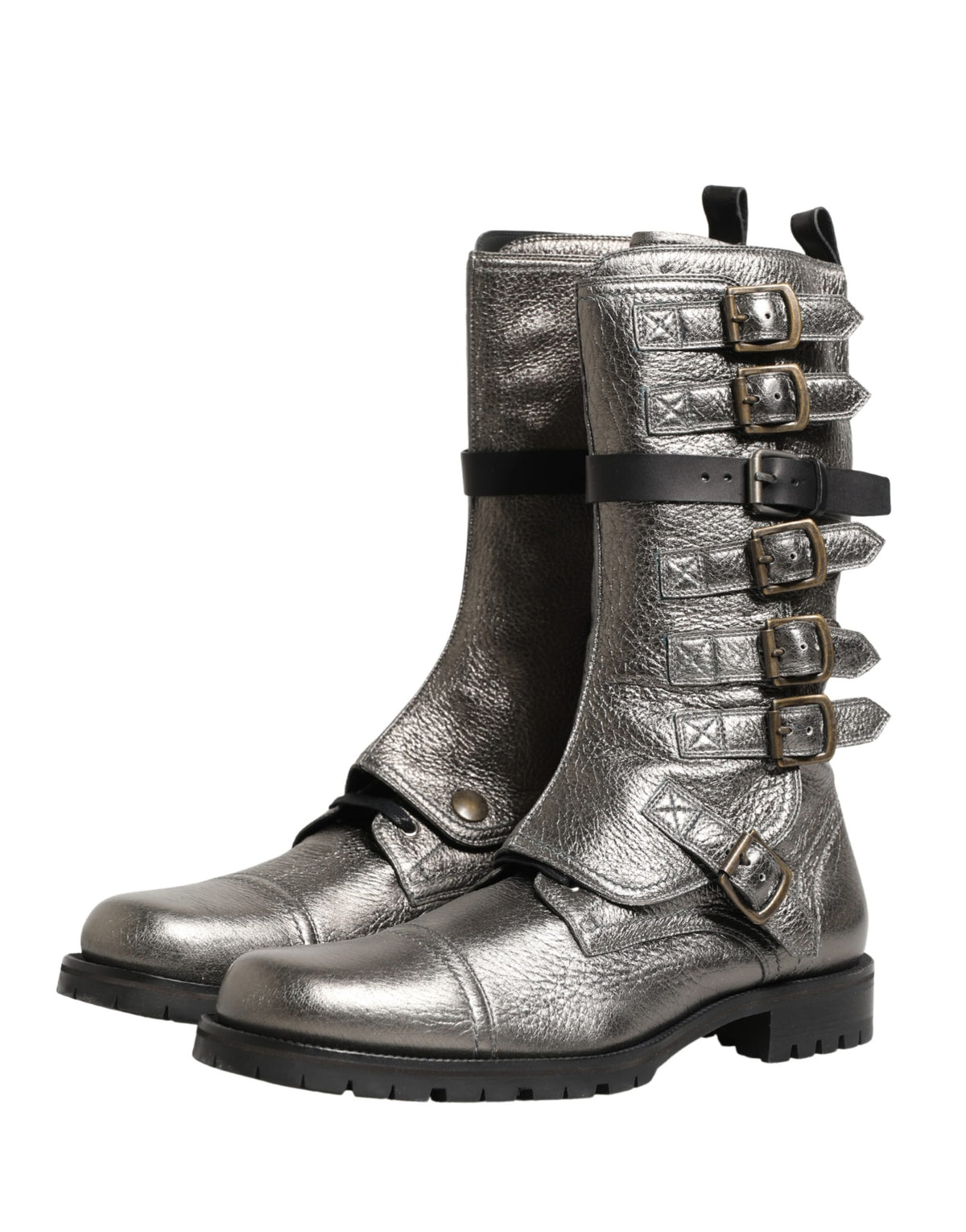 Dolce & Gabbana Metallic Silver Combat Biker Mid Calf Boots Shoes