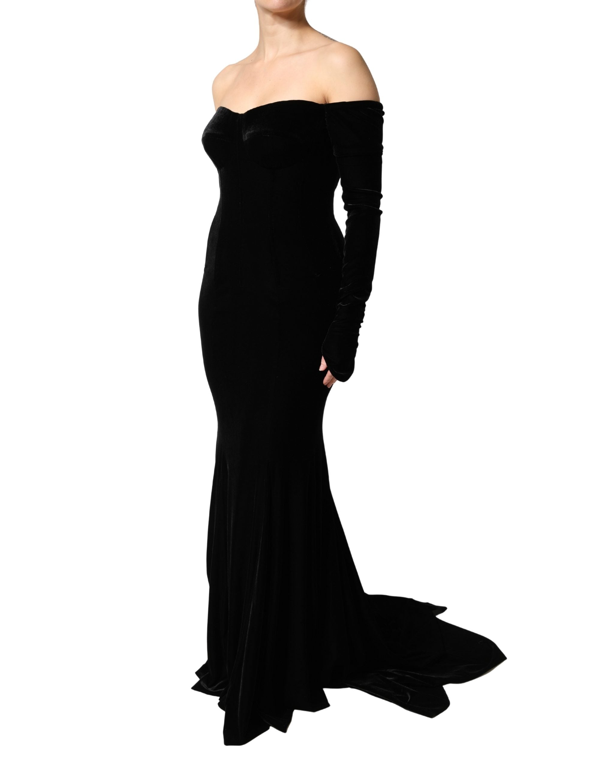 Dolce & Gabbana Black Off Shoulder Bodycon Long Gown Dress