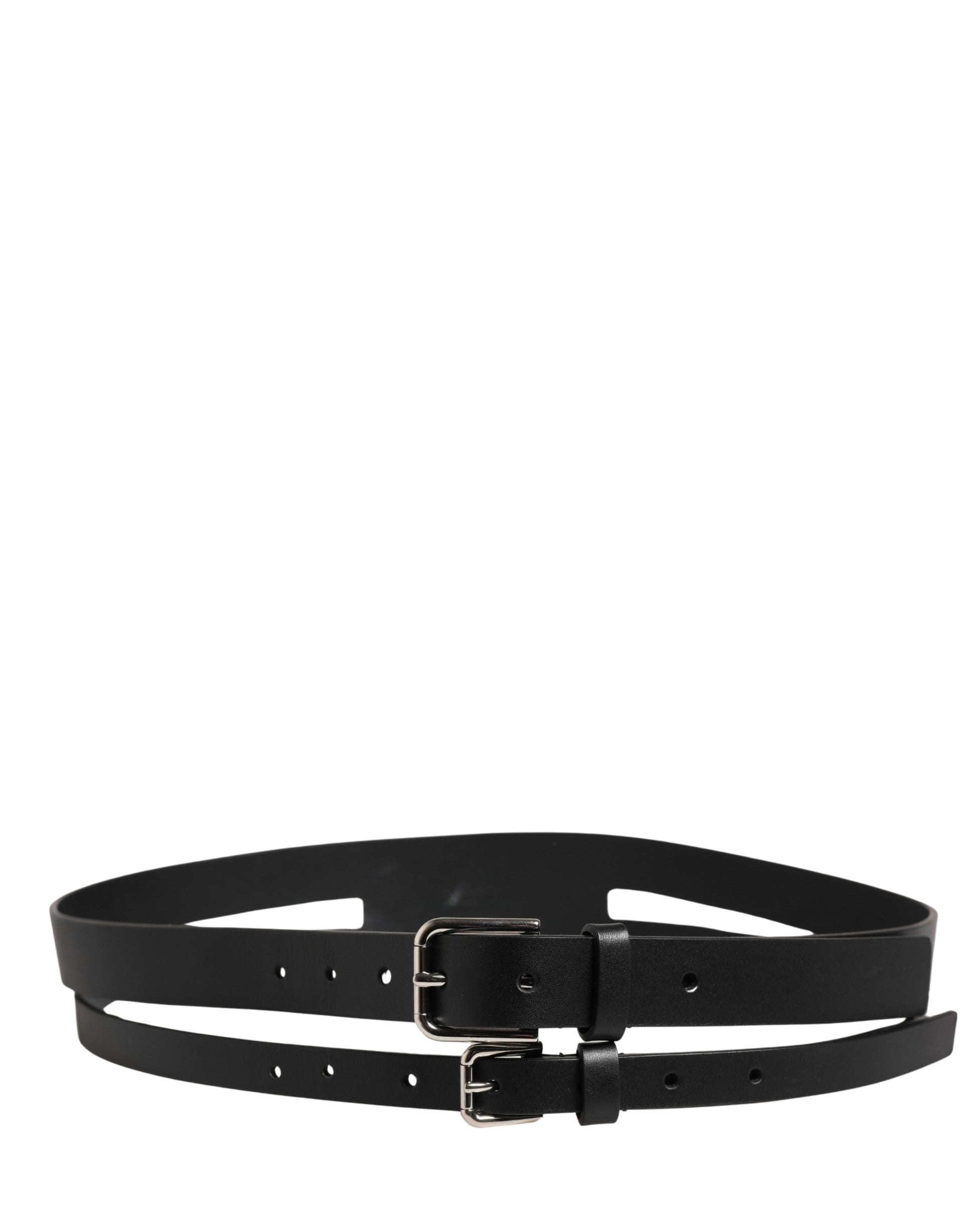 Dolce & Gabbana Black Double Strap Leather Silver Buckle Belt