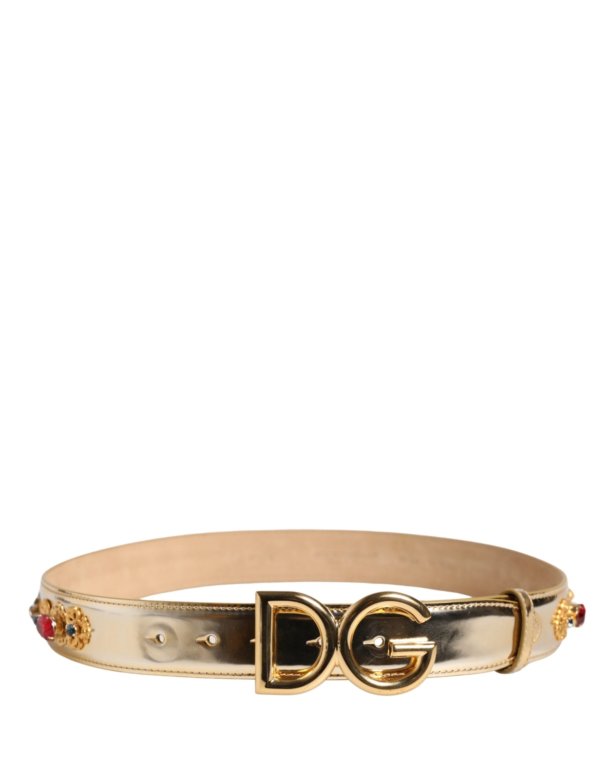 Dolce & Gabbana Gold Leather Crystals Logo Metal Buckle Belt