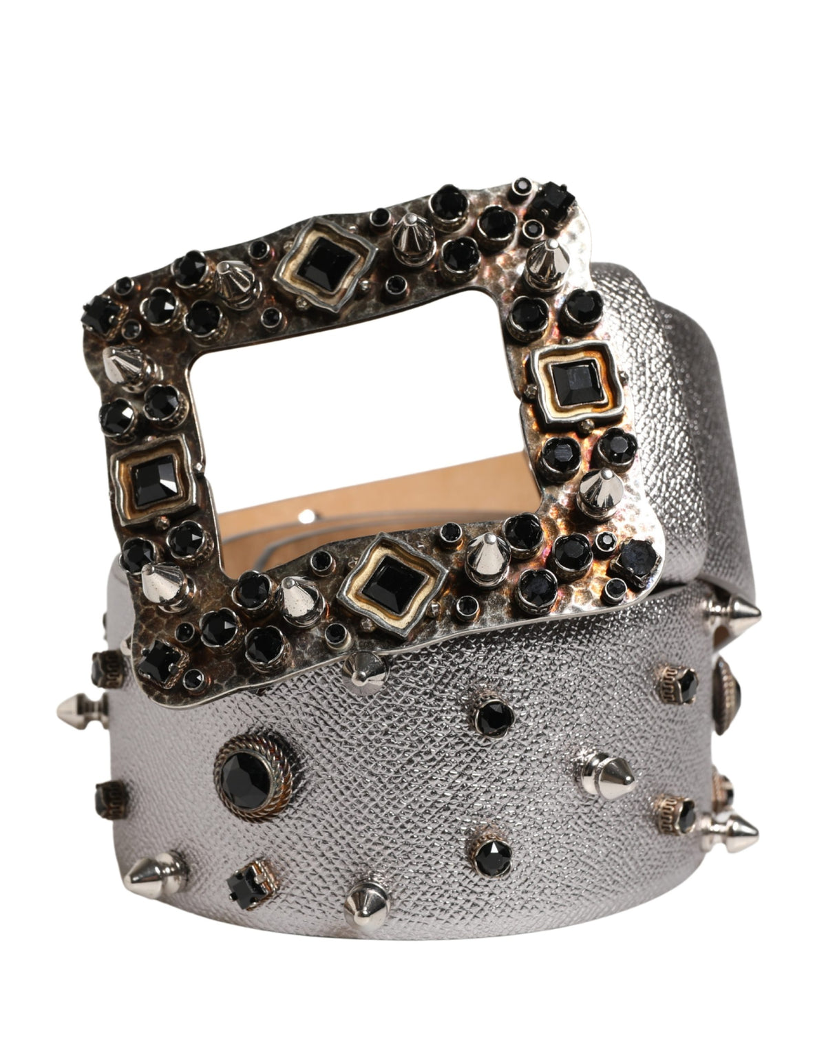 Dolce & Gabbana Silver Leather Crystal Metal Buckle Belt