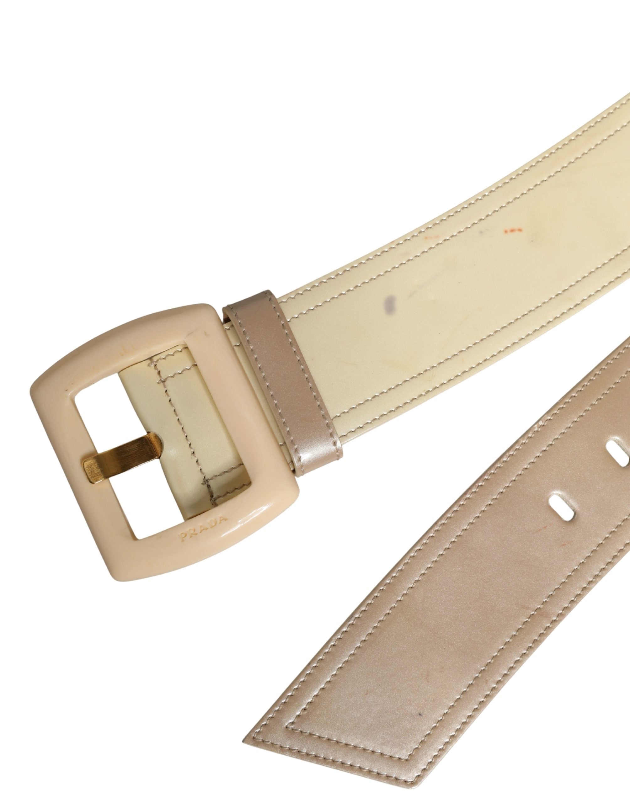 Prada Beige Leather Logo Wide Waist Women Square Buckle Belt