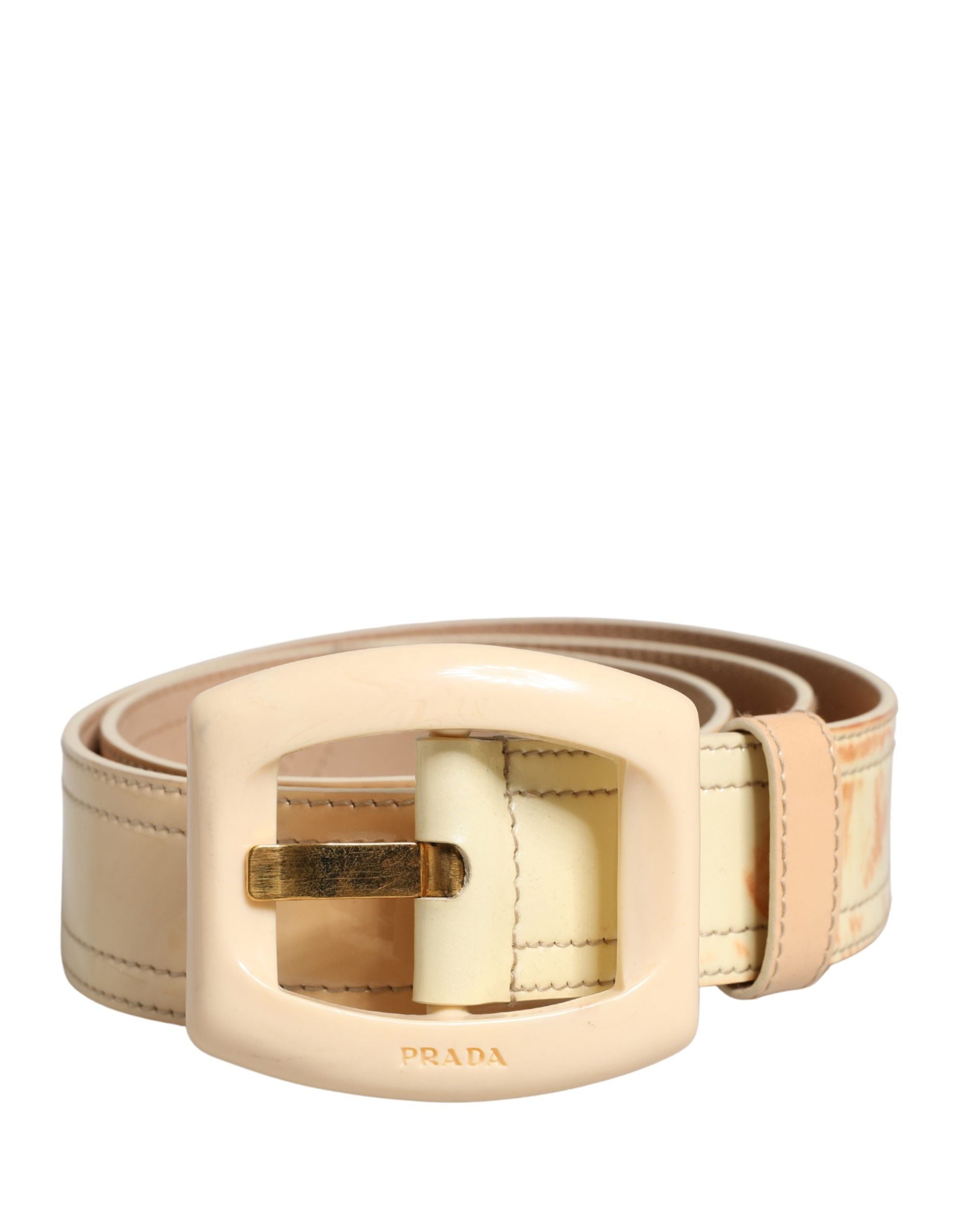 Prada Beige Leather Logo Wide Waist Women Square Buckle Belt