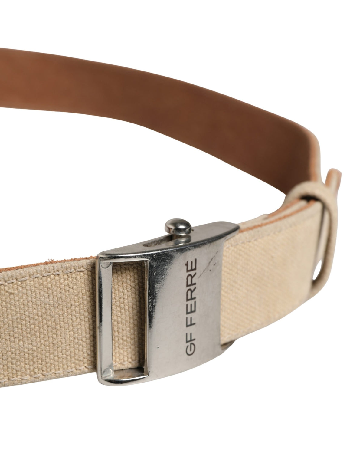 GF Ferre Men Beige Canvas Silver Metal Buckle Cintura Belt