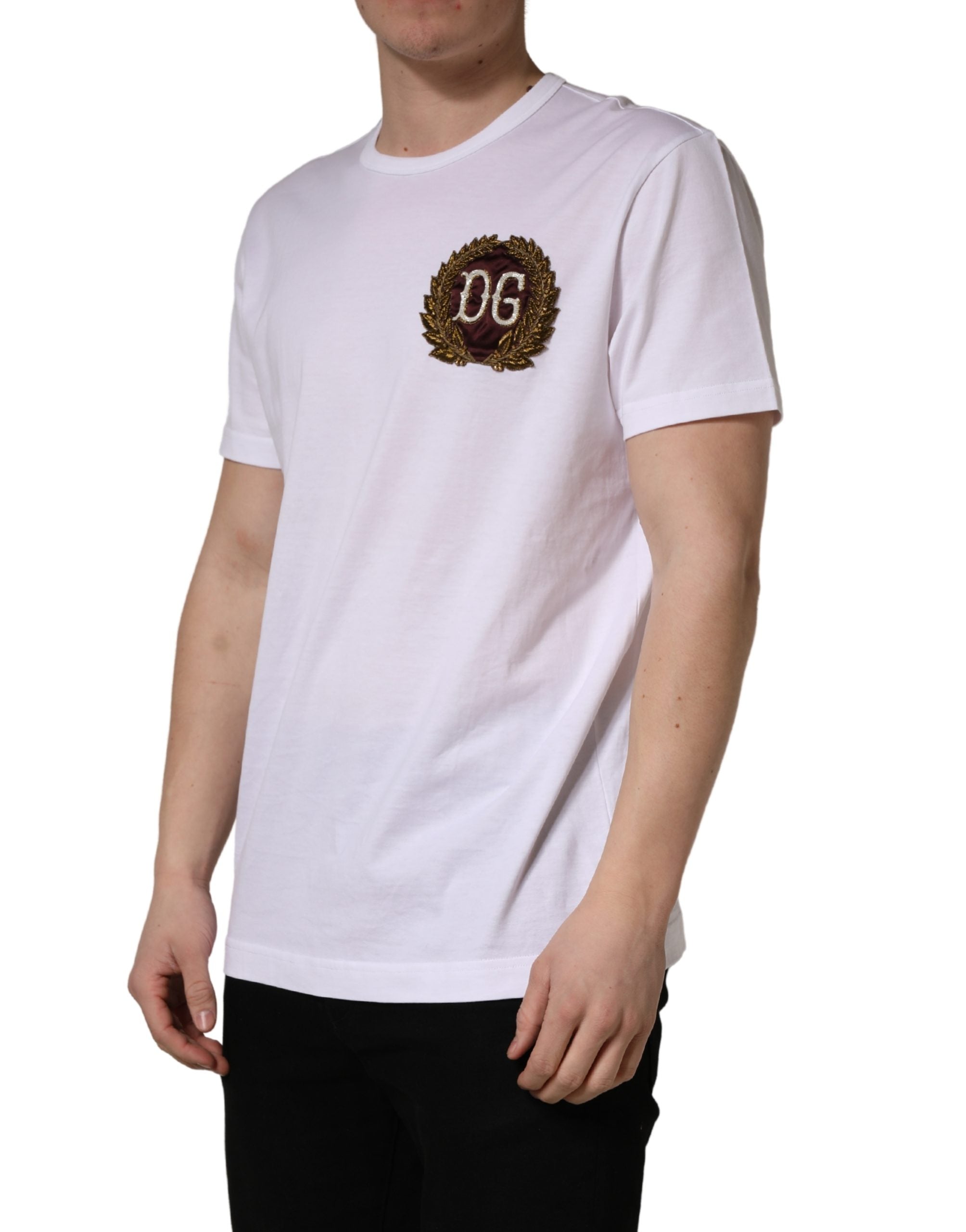 Dolce & Gabbana White DG Leaf Embroidery Crew Neck T-shirt