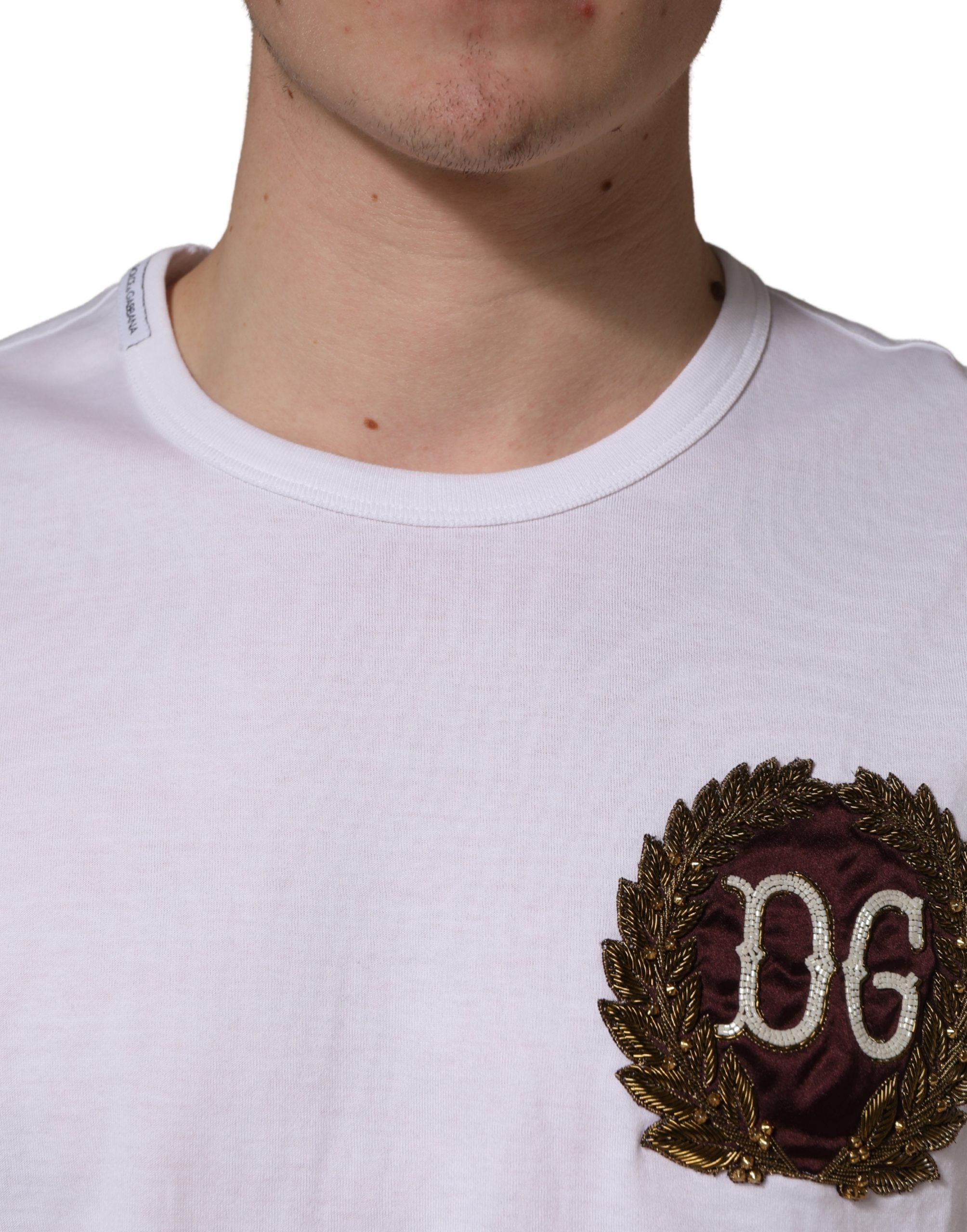 Dolce & Gabbana White DG Leaf Embroidery Crew Neck T-shirt
