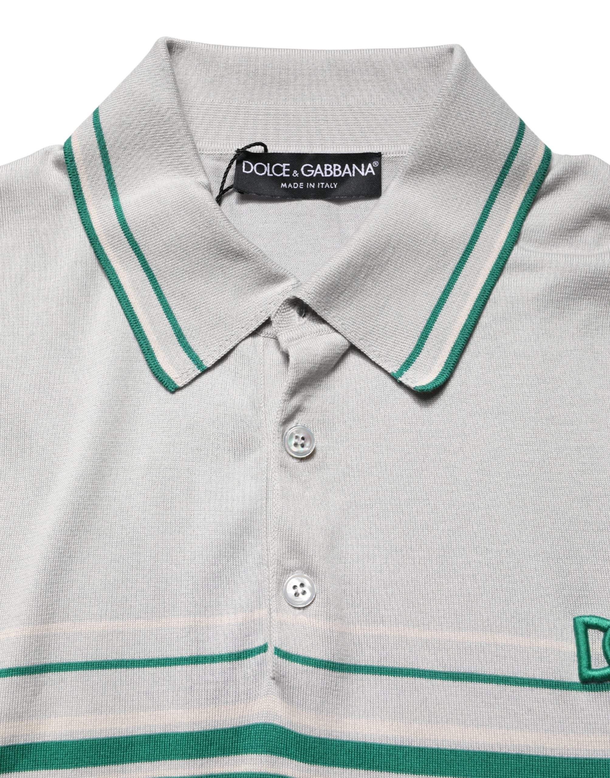 Dolce & Gabbana Gray Green Striped Logo Silk Polo T-shirt