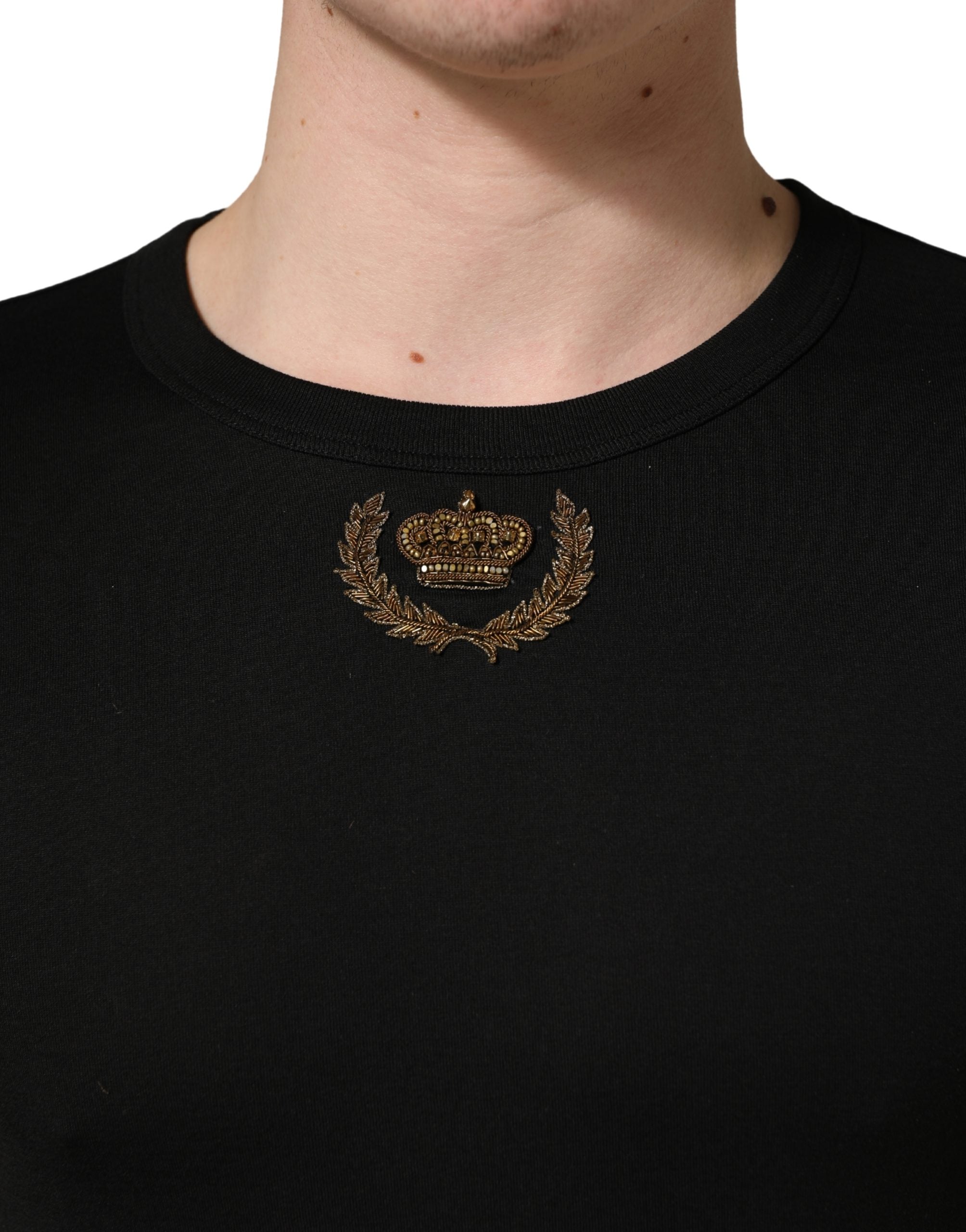 Dolce & Gabbana Black Crown Embroidery Men Crew Neck T-shirt