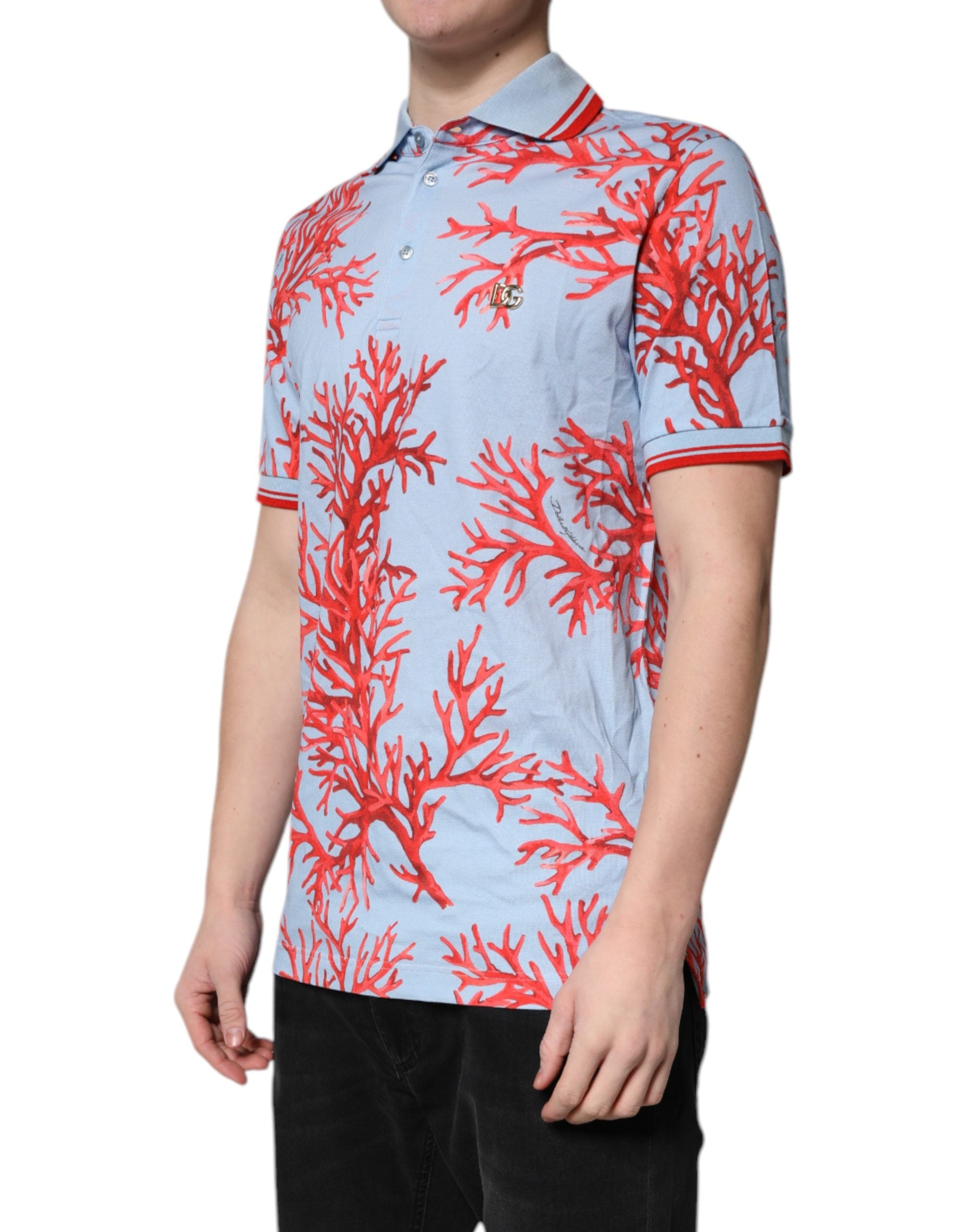 Dolce & Gabbana LightBlue Coral Cotton Collared Polo T-shirt