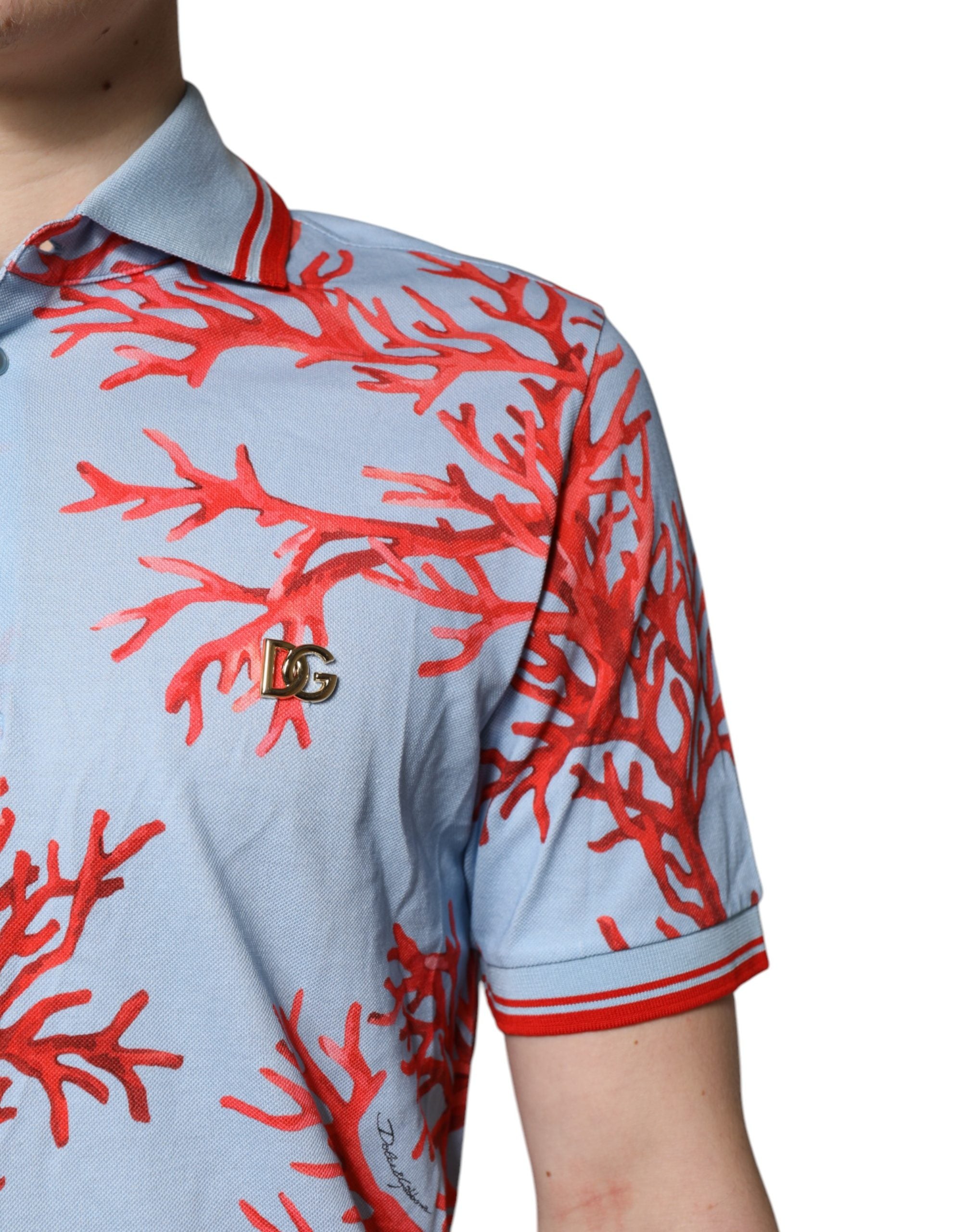 Dolce & Gabbana LightBlue Coral Cotton Collared Polo T-shirt