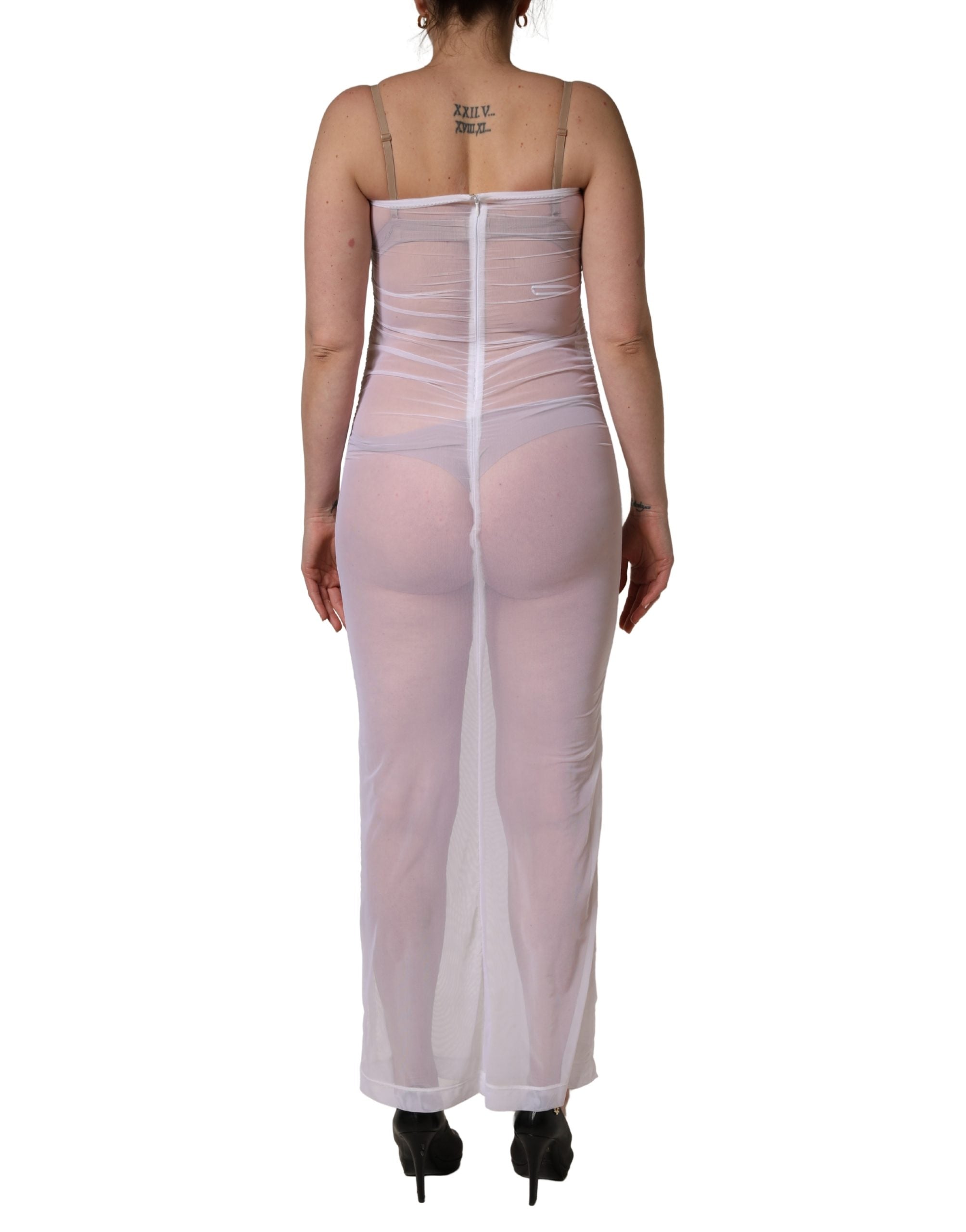 Dolce & Gabbana White Sheer Nylon Stretch Sheath Maxi Dress