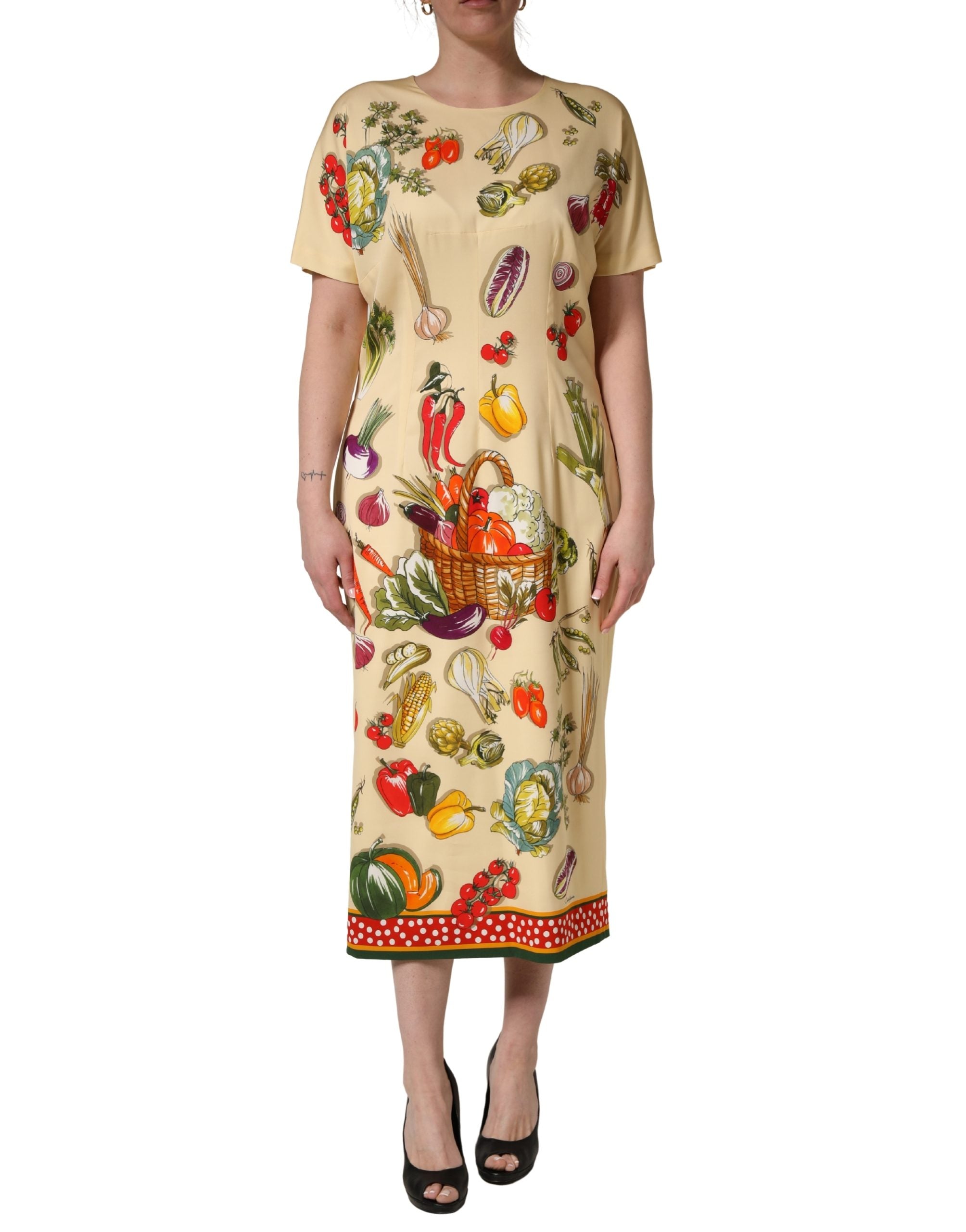 Dolce & Gabbana Beige Fruit PolkaDot Sheath Silk Midi Dress