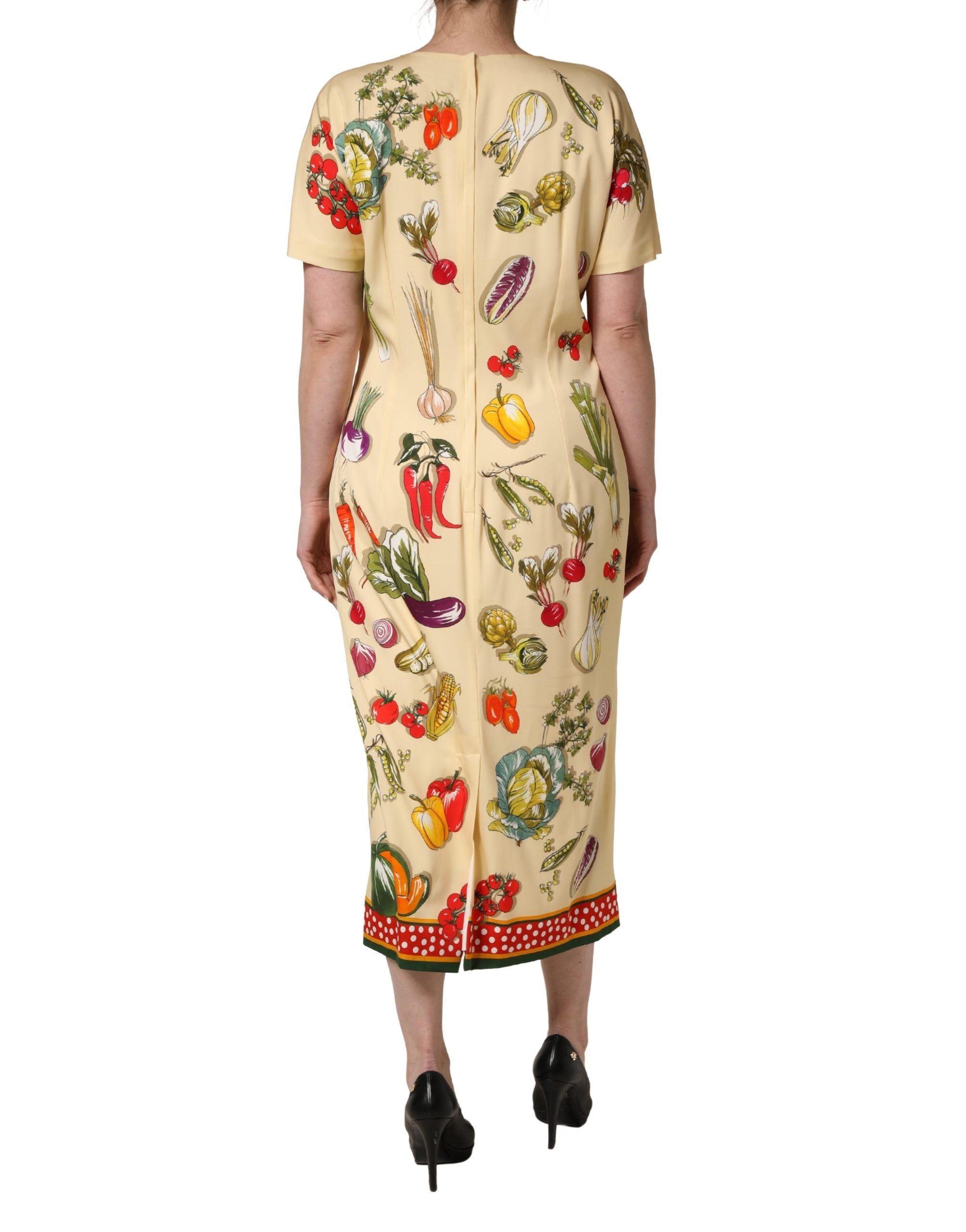 Dolce & Gabbana Beige Fruit PolkaDot Sheath Silk Midi Dress