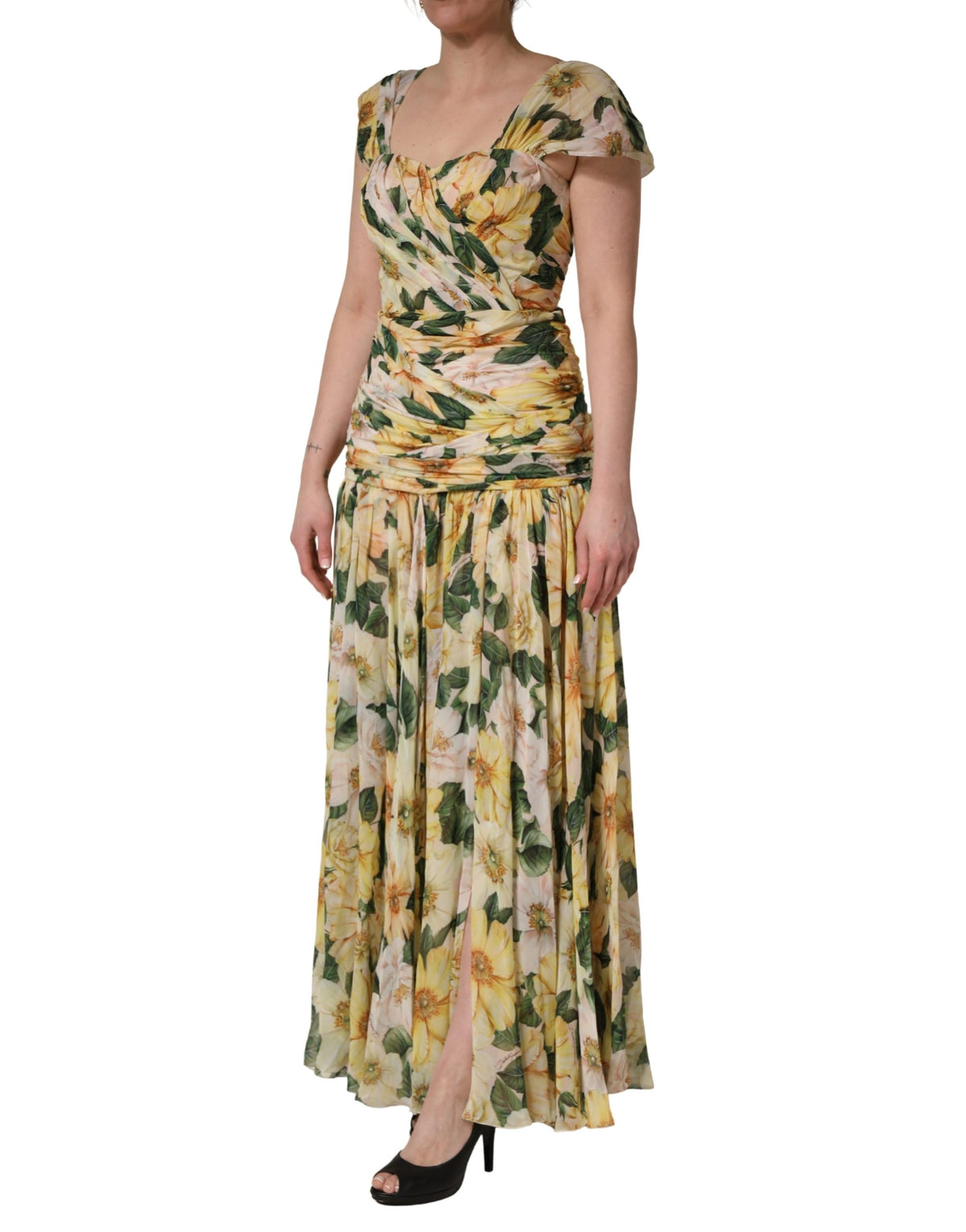 Dolce & Gabbana Yellow Silk Floral Print Pleated Maxi Dress