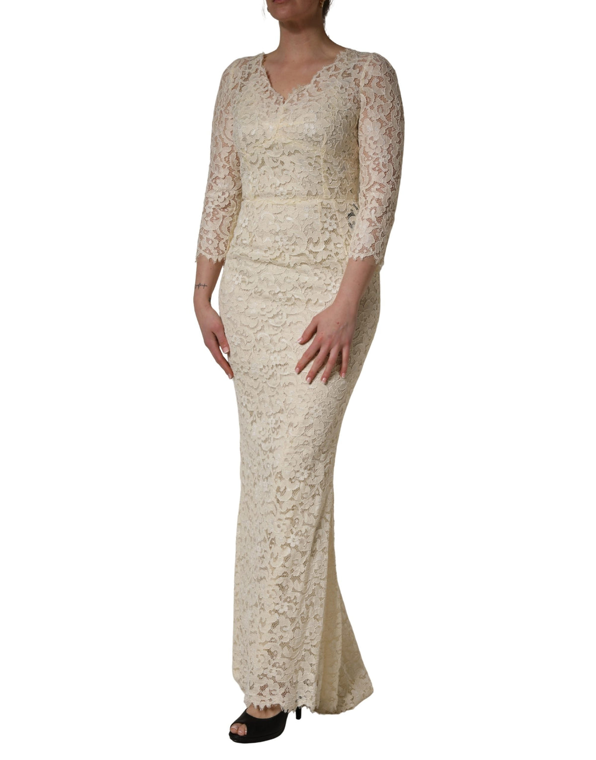 Dolce & Gabbana Off White Floral Lace Sheath Maxi Dress