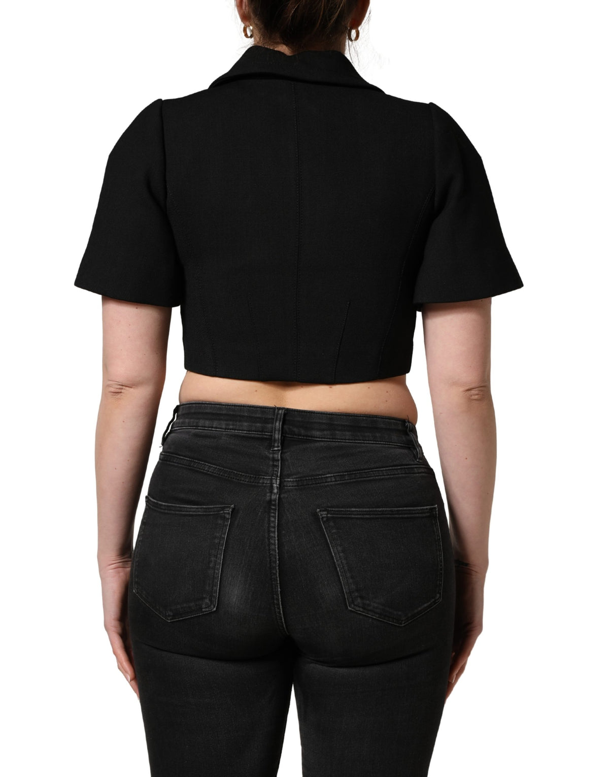 Dolce & Gabbana Black Collared Short Sleeves Cropped Blouse Top