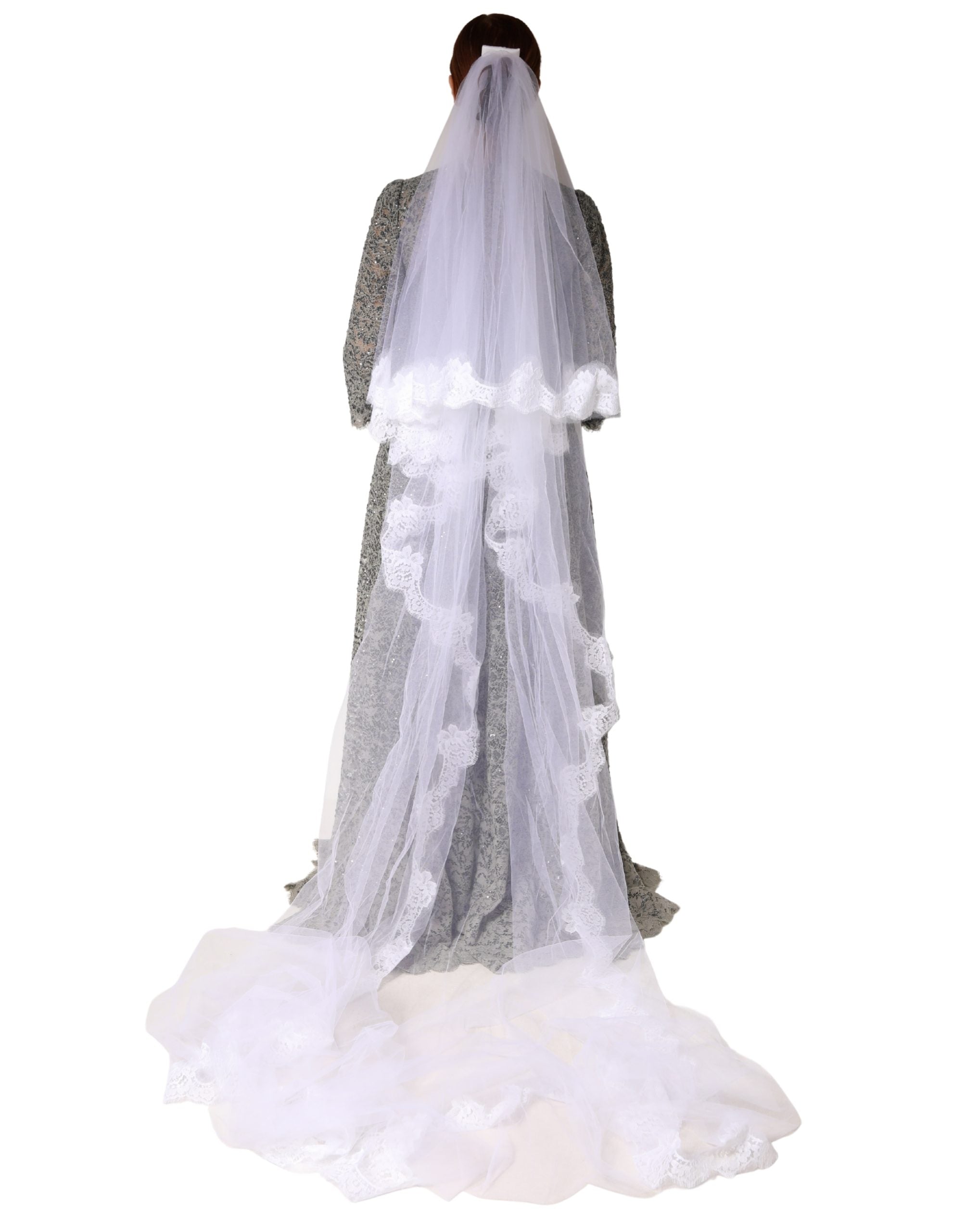 Dolce & Gabbana White Floral Lace Nylon Floor Length Long Wedding Veil
