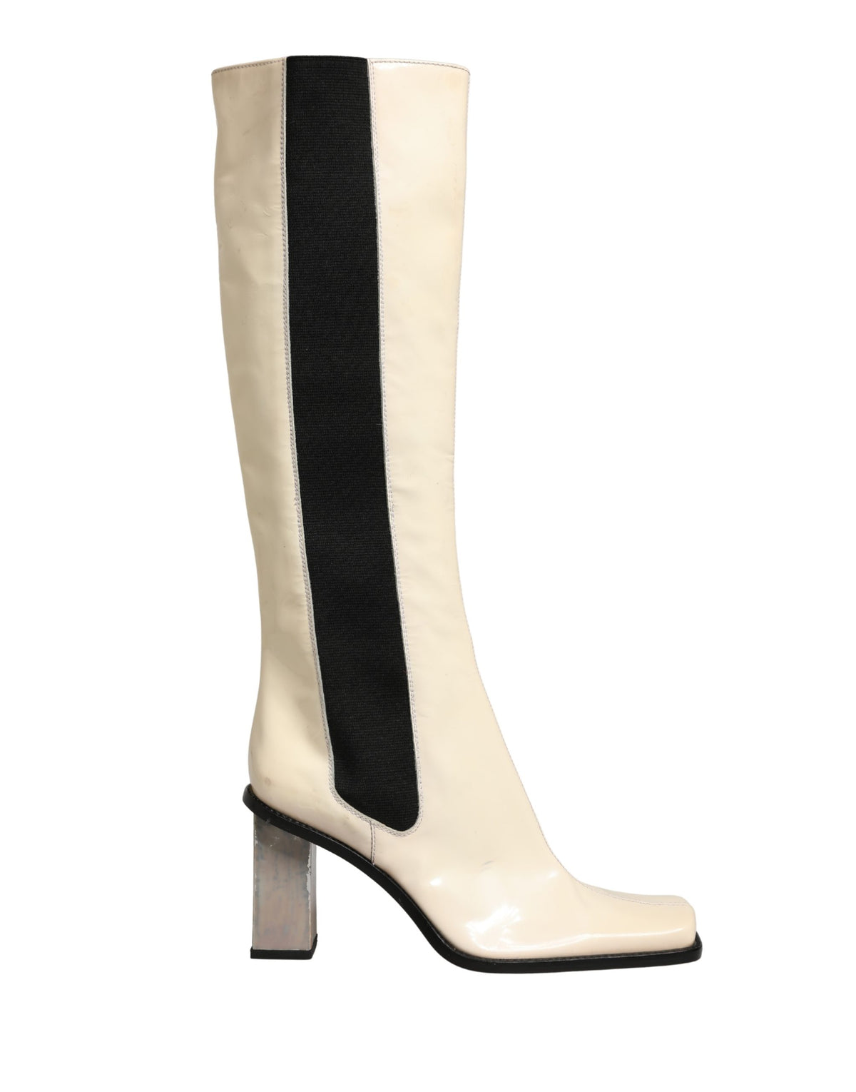Dolce & Gabbana White Black Leather Knee High Boots Shoes