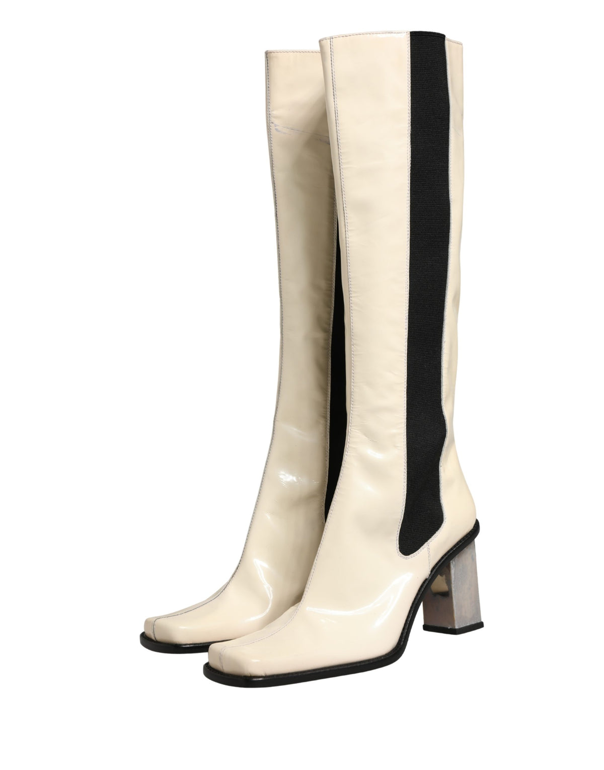 Dolce & Gabbana White Black Leather Knee High Boots Shoes