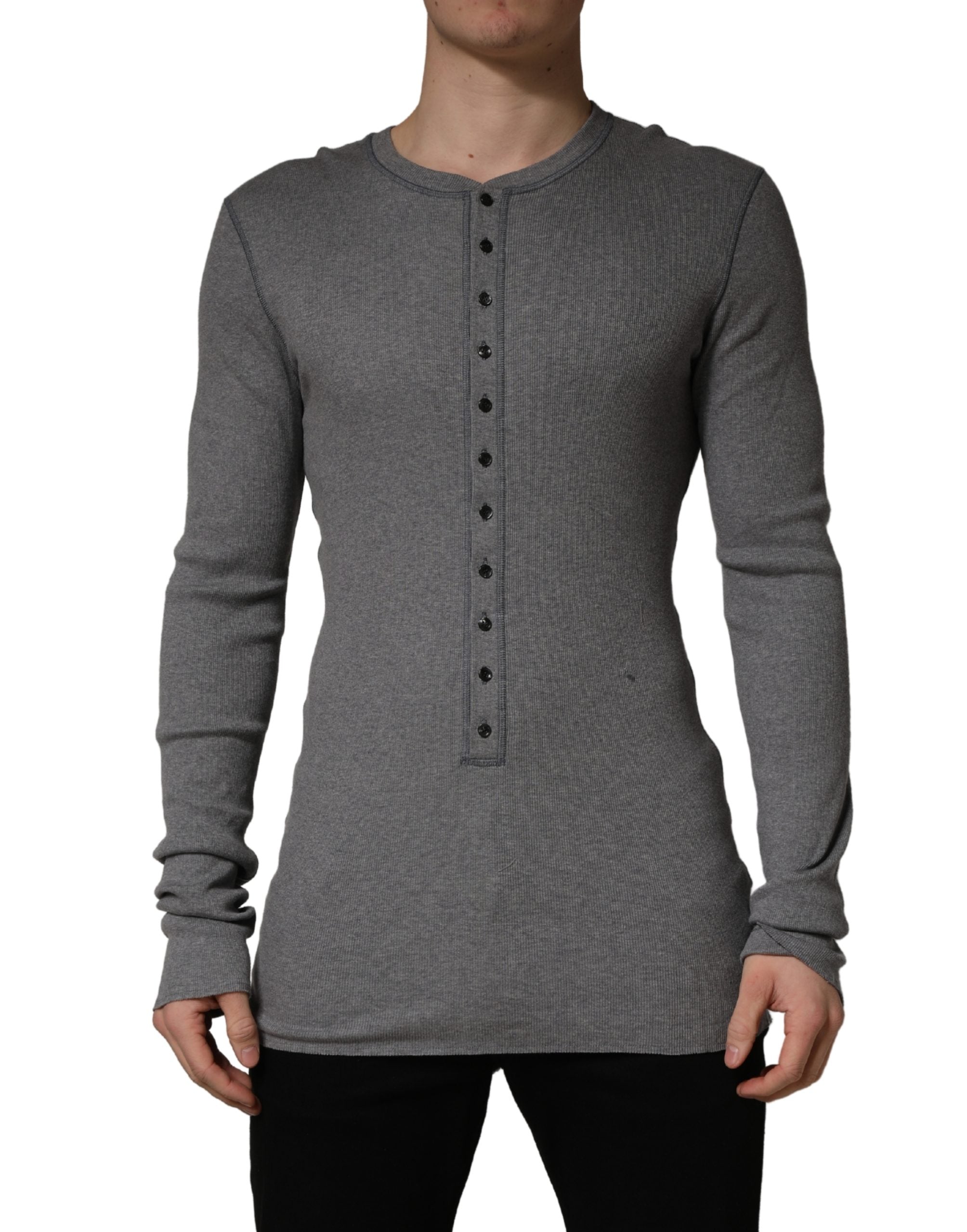 Dolce & Gabbana Gray Ribbed Cotton Long-Sleeve Henley T-shirt