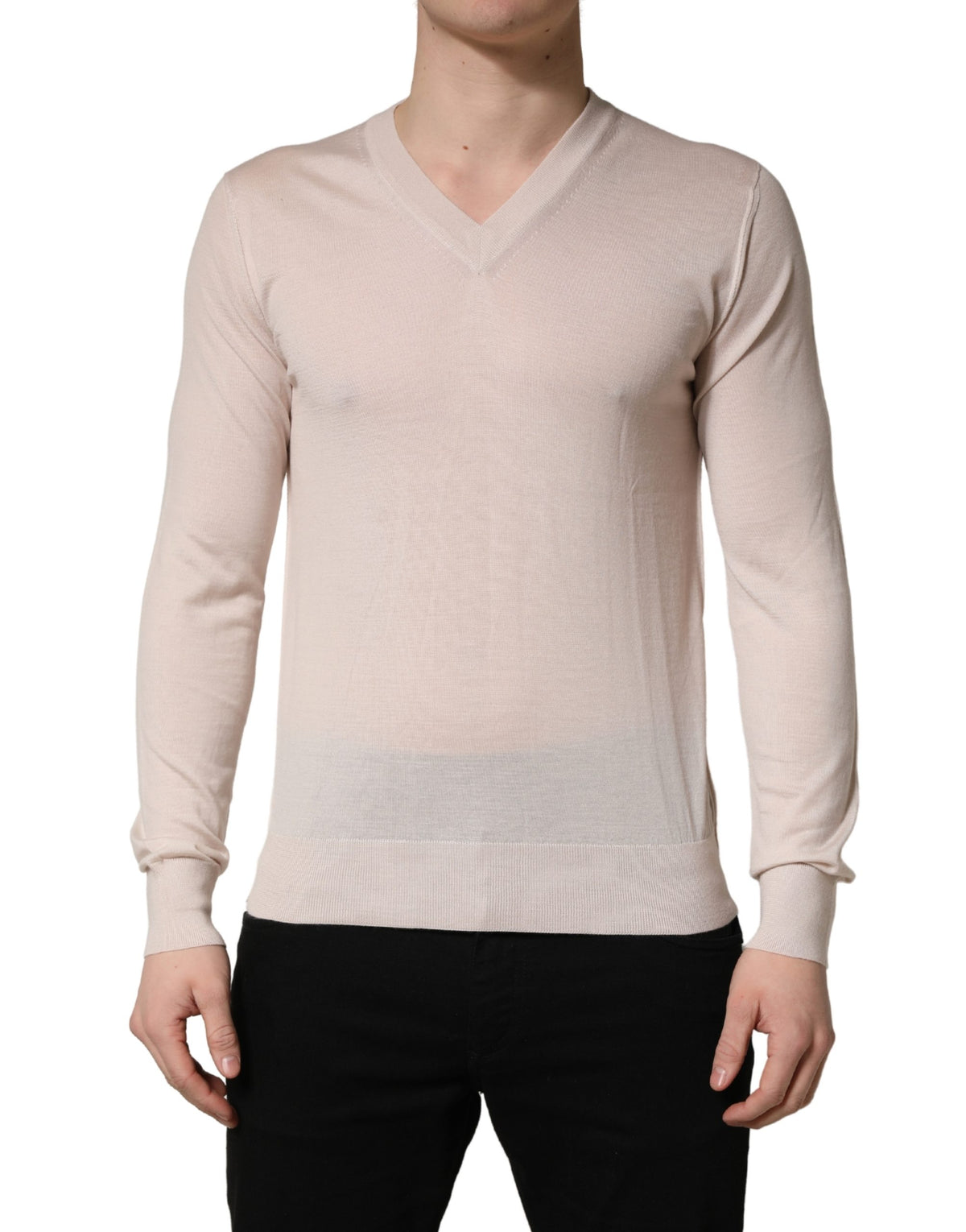 Dolce & Gabbana Beige Cashmere V-neck Men Pullover Sweater