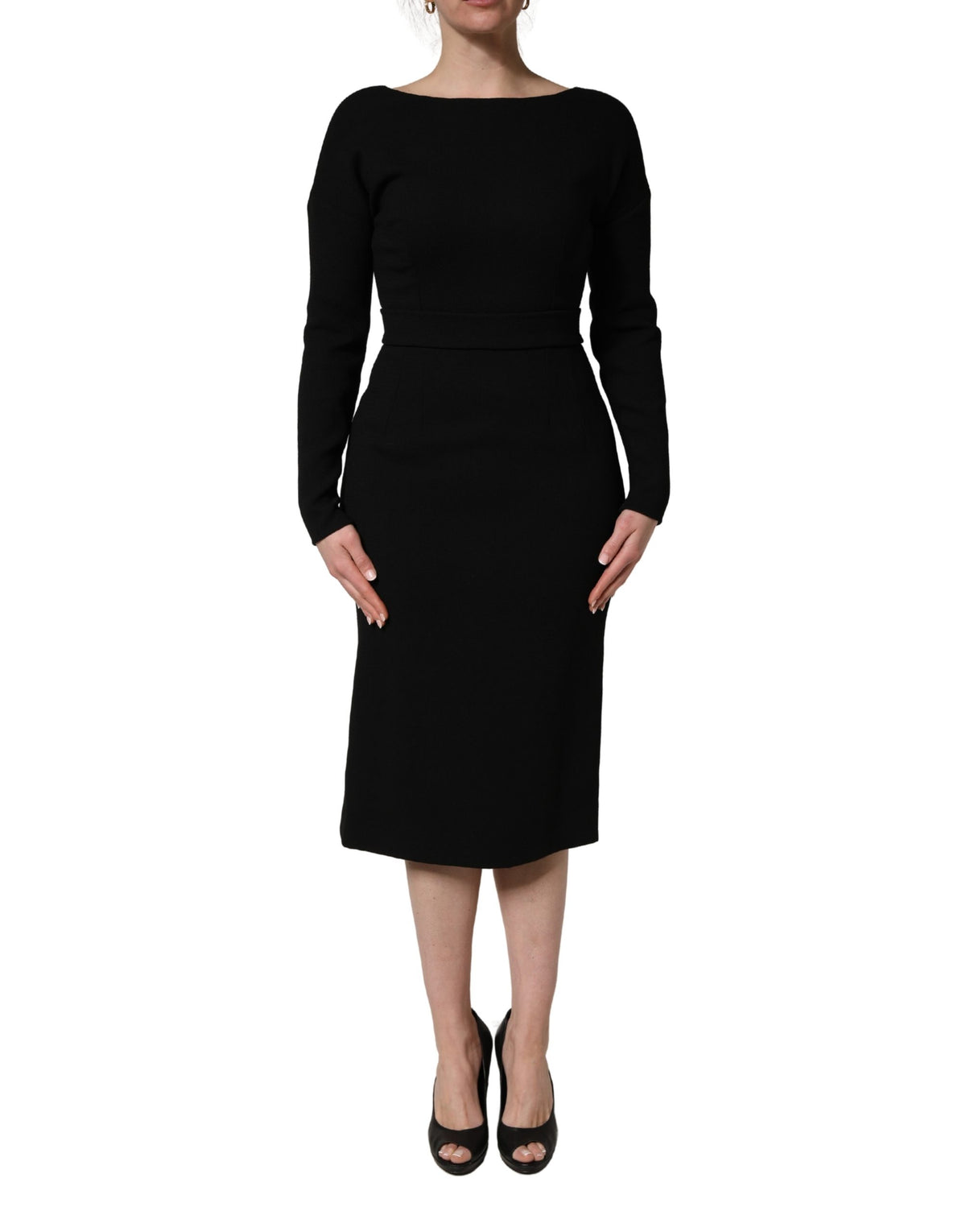 Dolce & Gabbana Black Wool Crepe Long Sleeves Midi Dress
