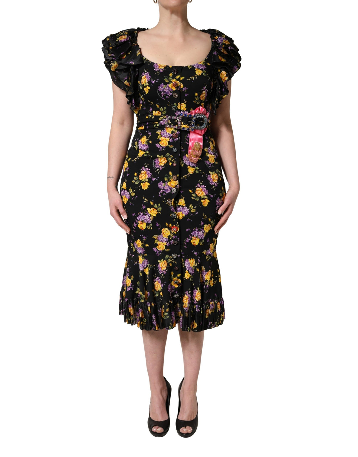 Dolce & Gabbana Black Purple Crystal Brooch Silk Midi Dress